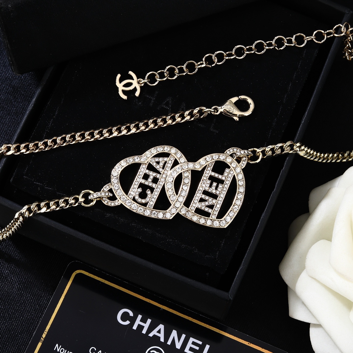 Chanel Goose series interlocking heart logo chain necklace light gold metal with clear crystal rhinestones 80cm with 10cm extension