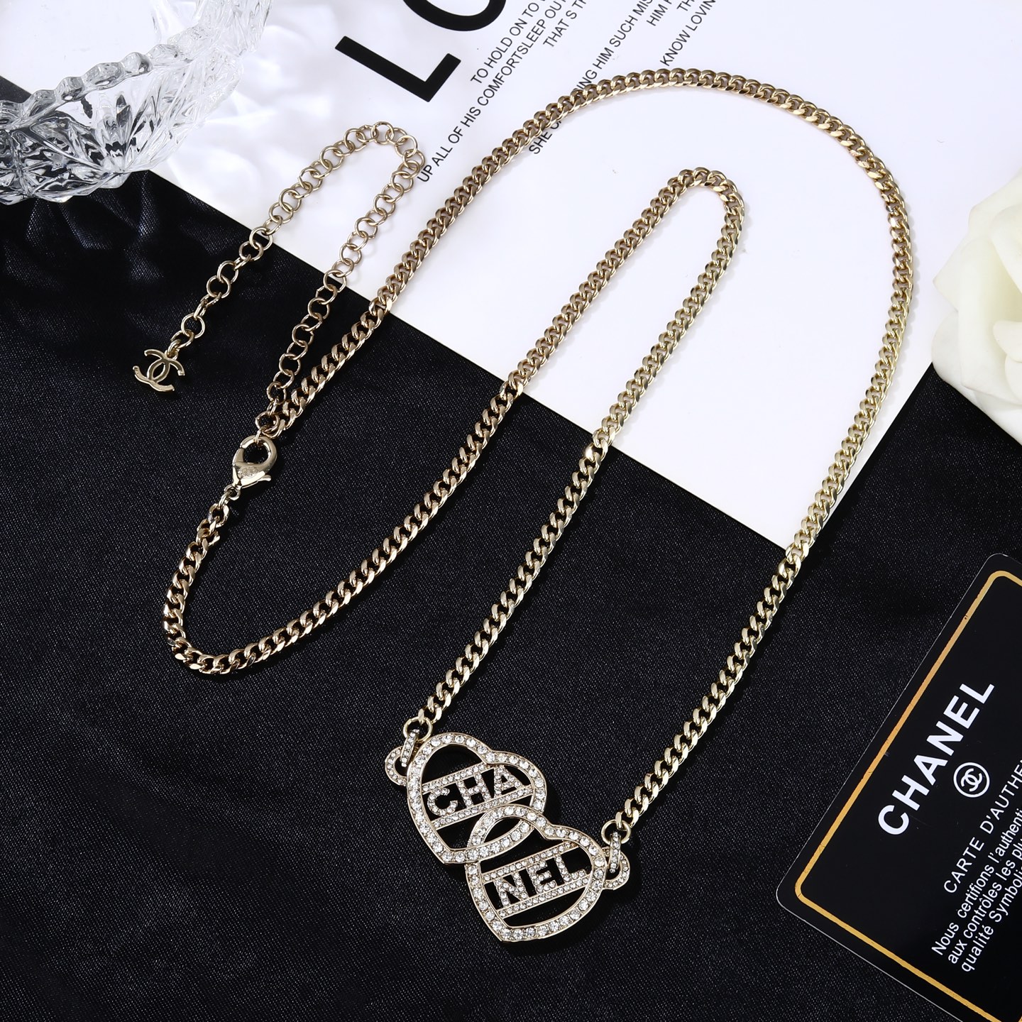 Chanel Goose series interlocking heart logo chain necklace light gold metal with clear crystal rhinestones 80cm with 10cm extension