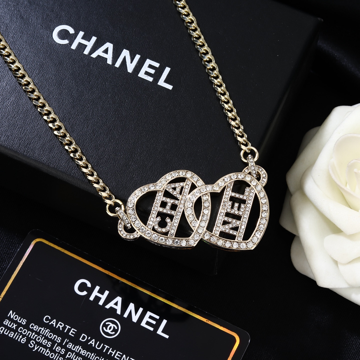 Chanel Goose series interlocking heart logo chain necklace light gold metal with clear crystal rhinestones 80cm with 10cm extension