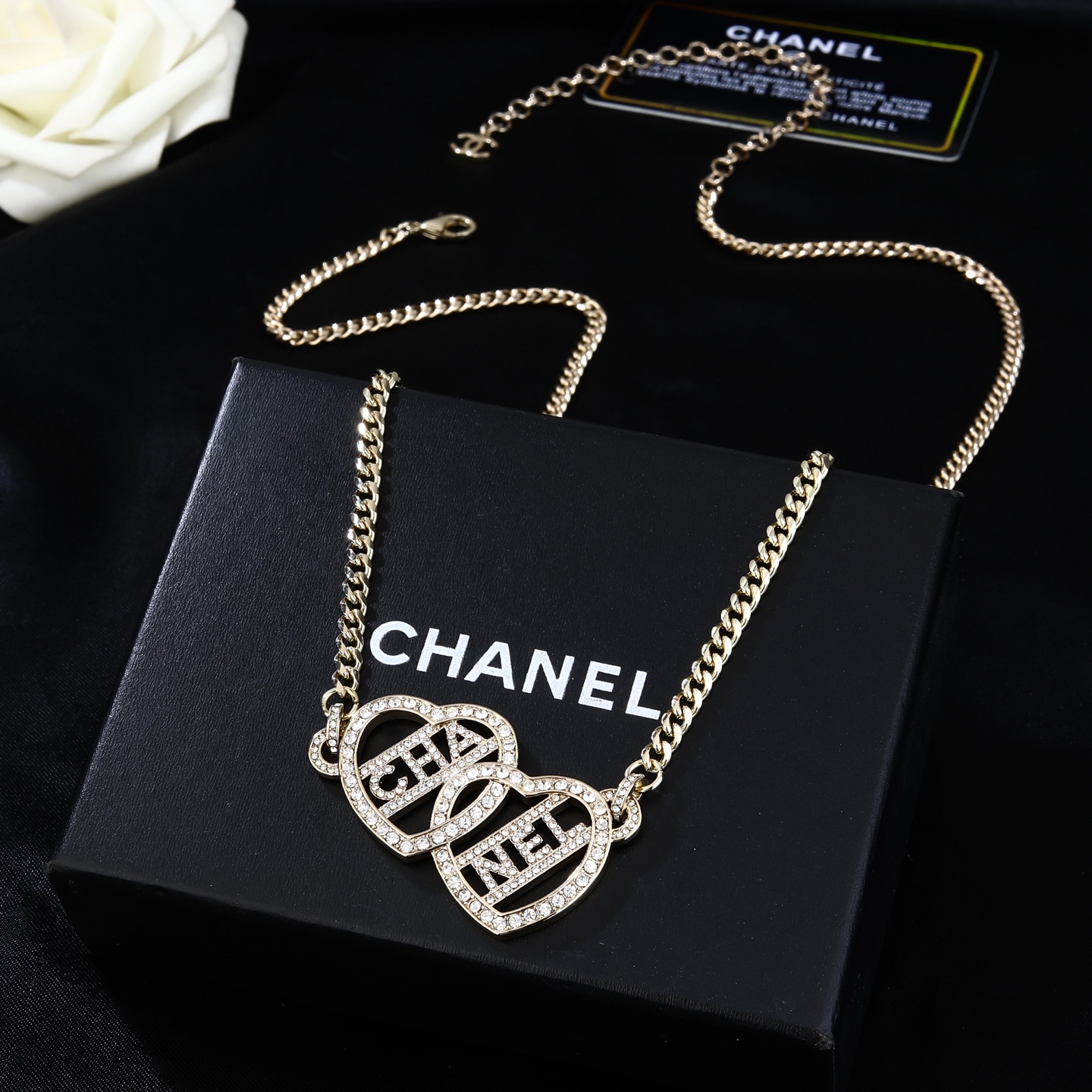 Chanel Goose series interlocking heart logo chain necklace light gold metal with clear crystal rhinestones 80cm with 10cm extension