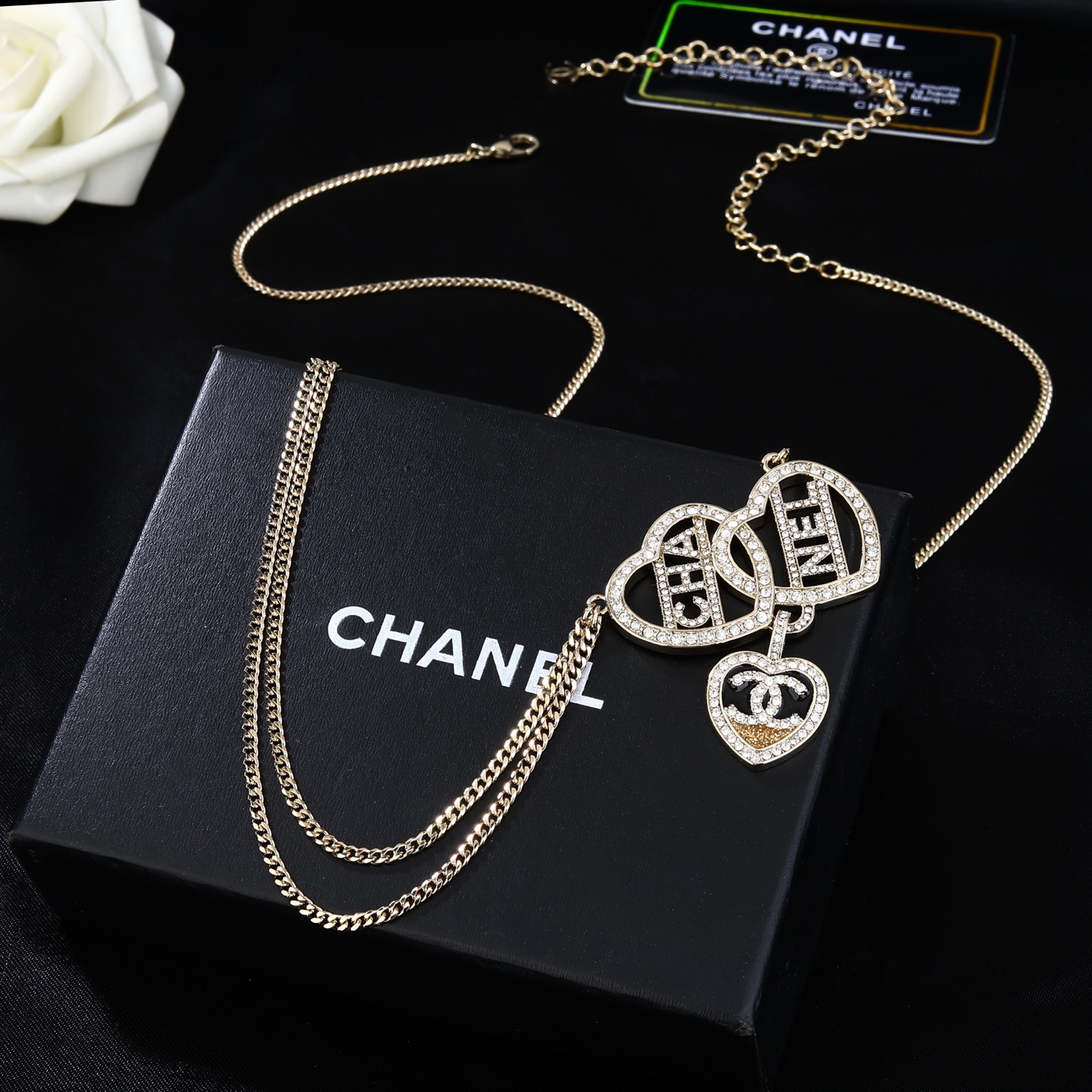 Chanel Goose Heart Logo Letter Waist Chain necklace light gold metal with clear crystal rhinestones 80cm with 15cm extension