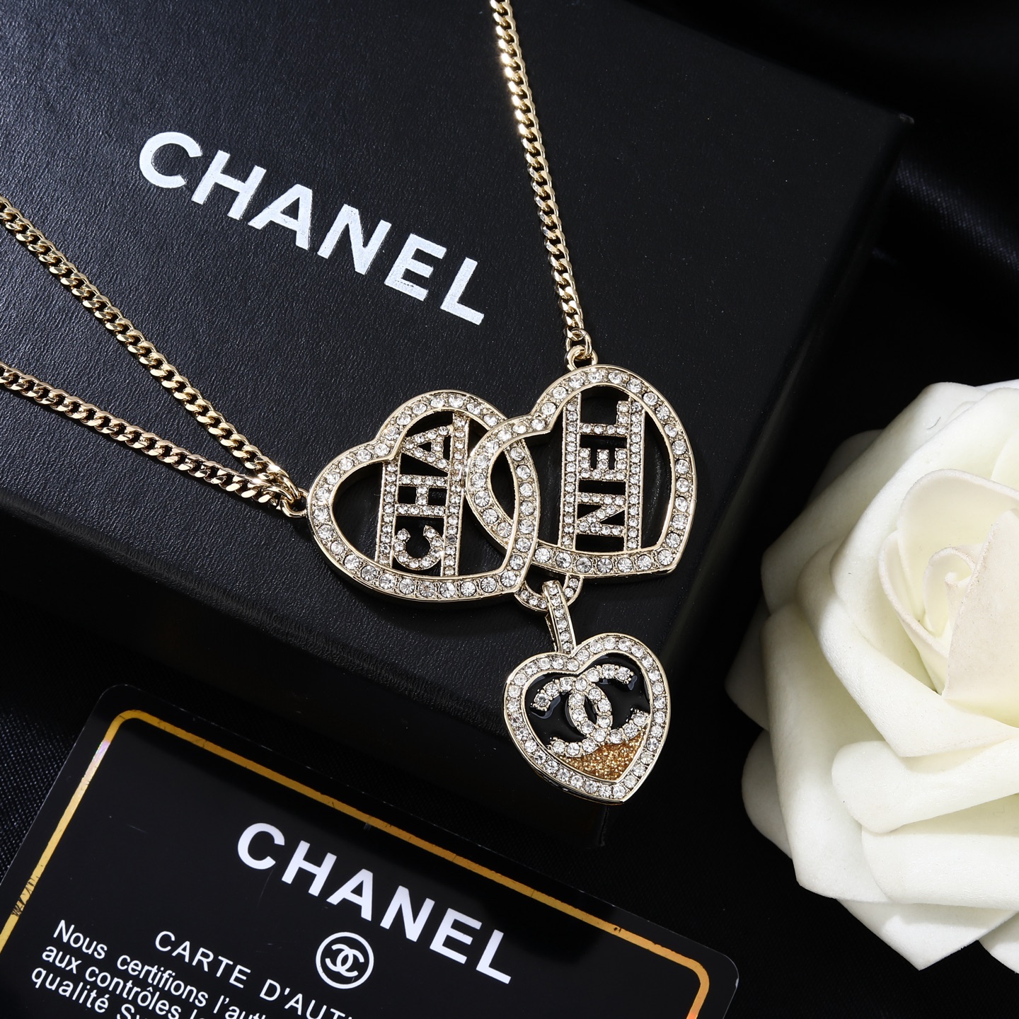 Chanel Goose Heart Logo Letter Waist Chain necklace light gold metal with clear crystal rhinestones 80cm with 15cm extension