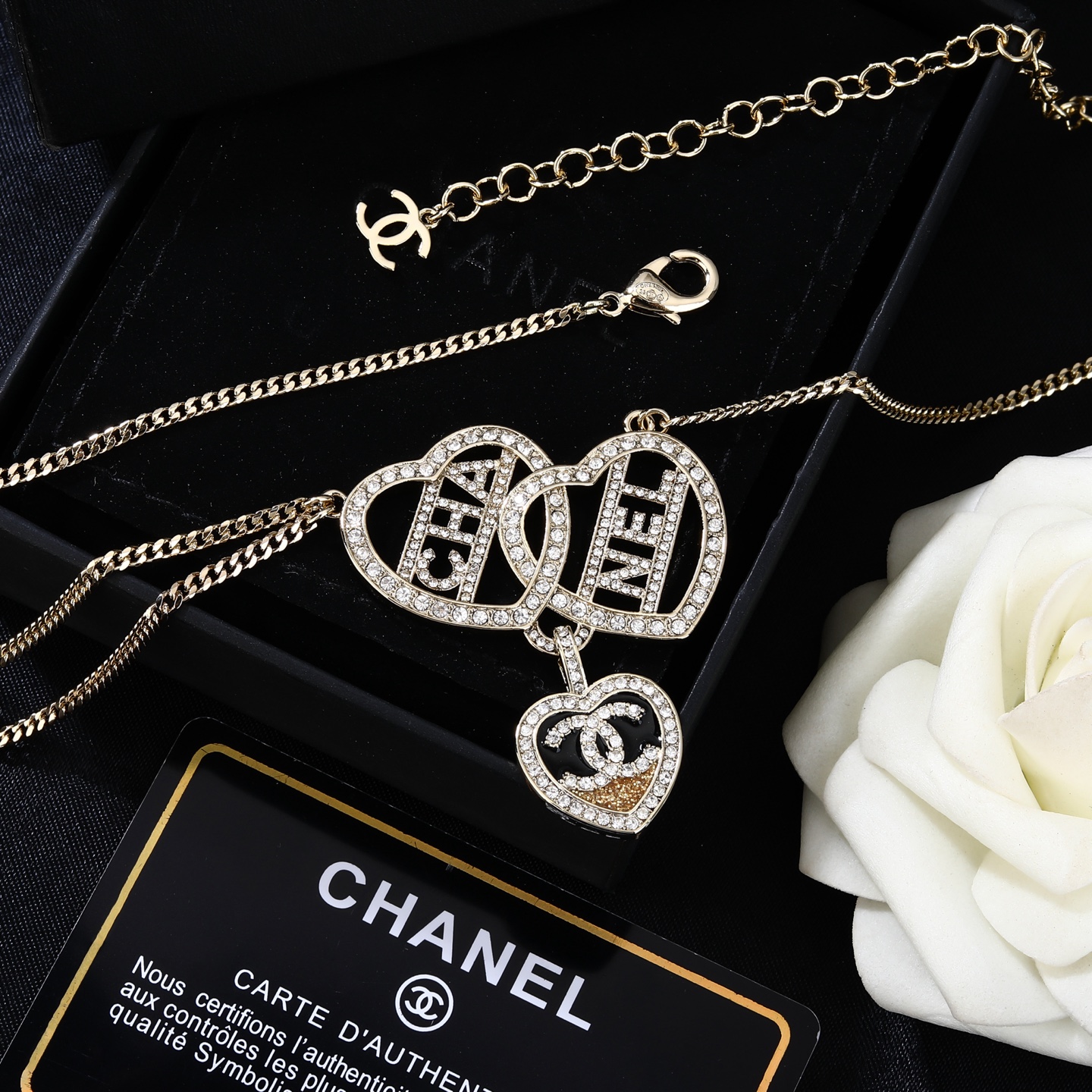 Chanel Goose Heart Logo Letter Waist Chain necklace light gold metal with clear crystal rhinestones 80cm with 15cm extension