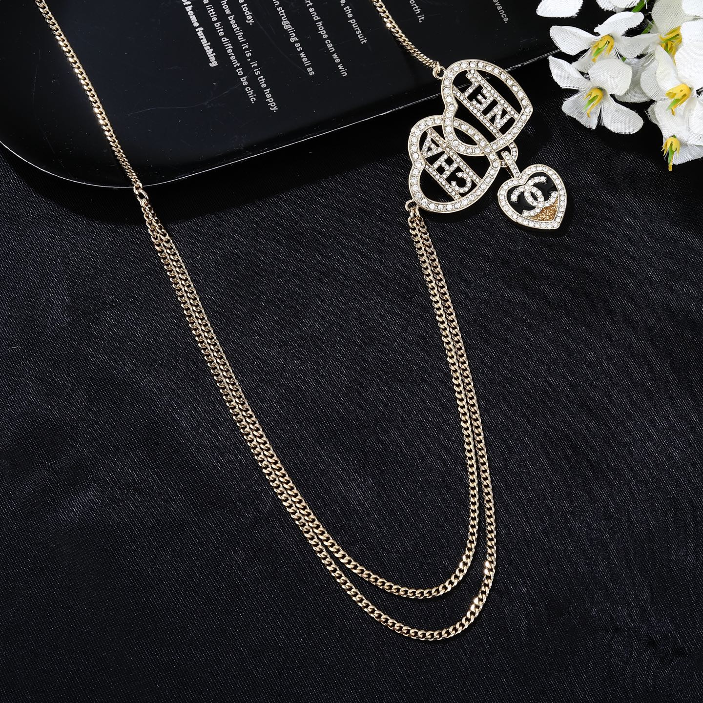 Chanel Goose Heart Logo Letter Waist Chain necklace light gold metal with clear crystal rhinestones 80cm with 15cm extension