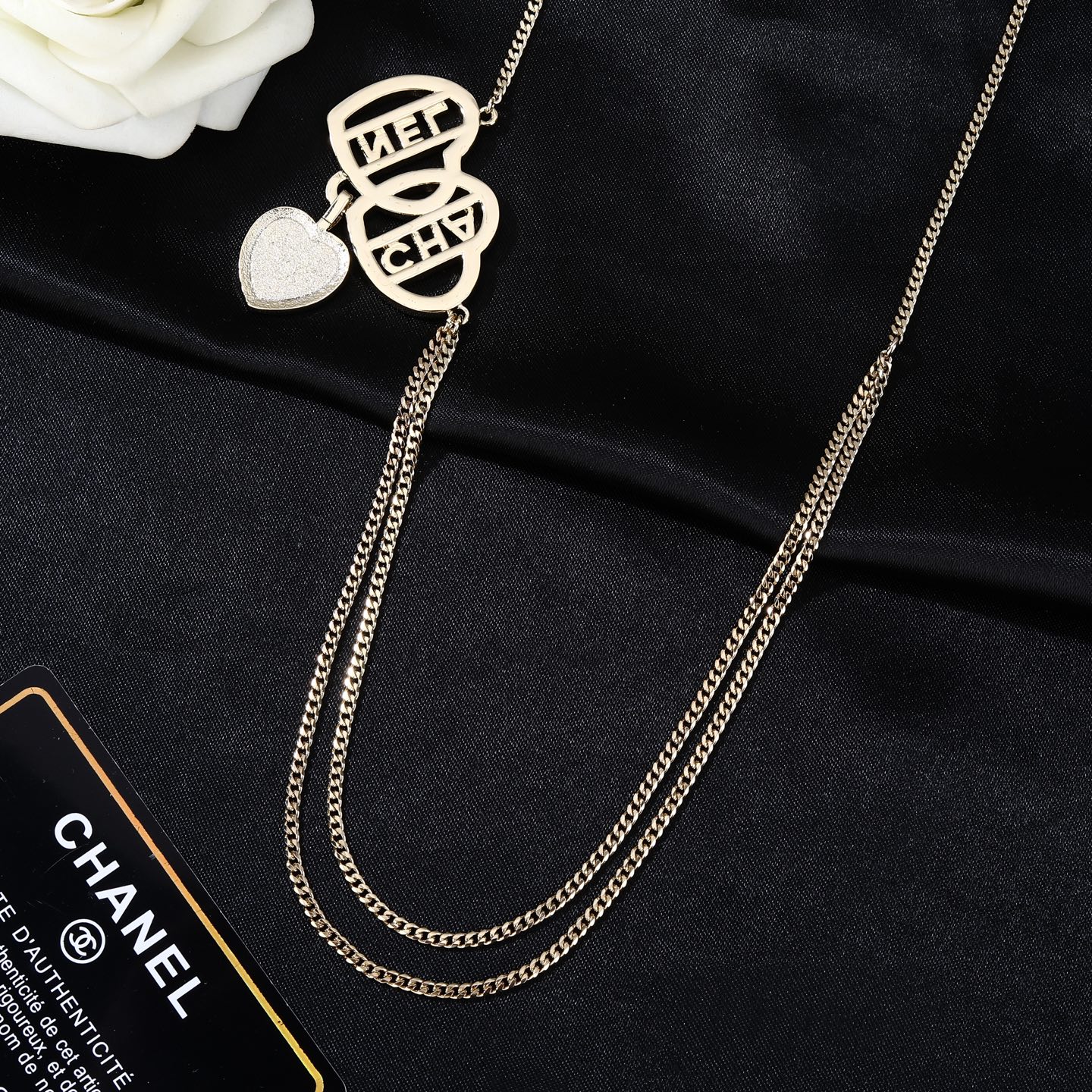 Chanel Goose Heart Logo Letter Waist Chain necklace light gold metal with clear crystal rhinestones 80cm with 15cm extension