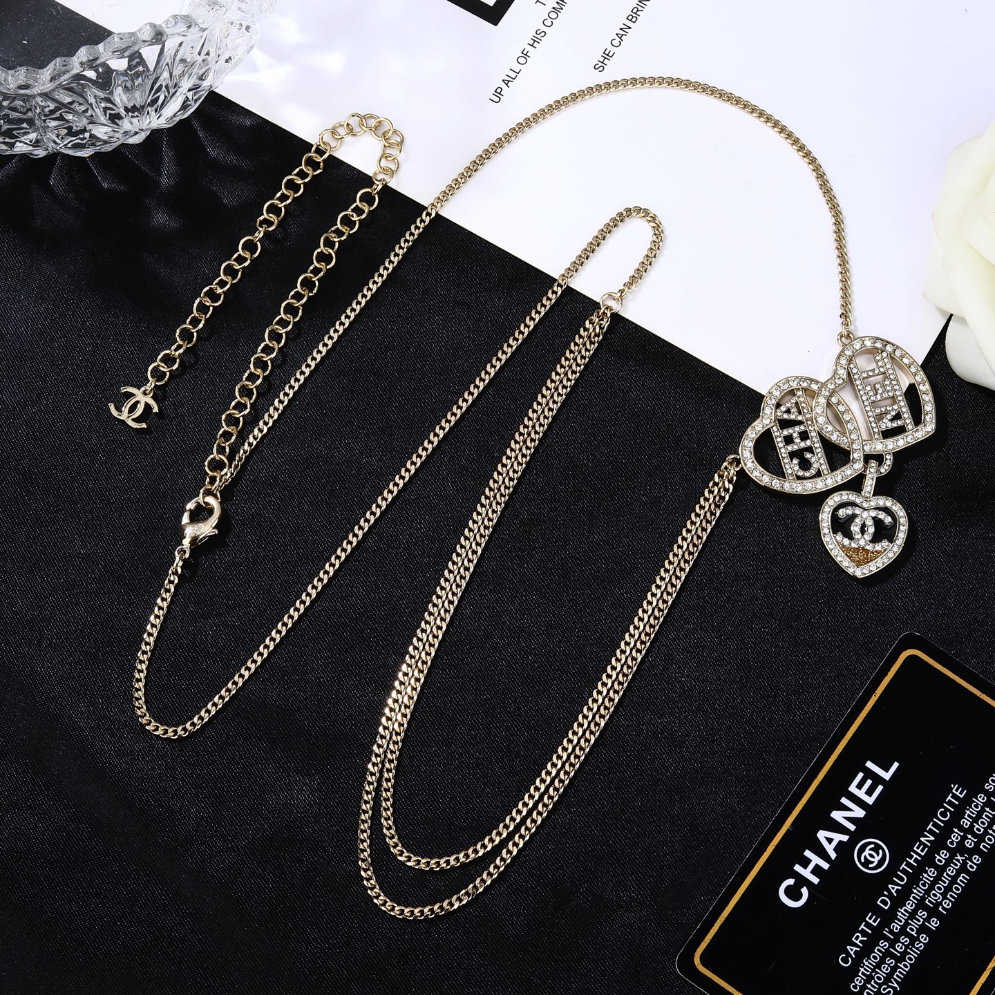 Chanel Goose Heart Logo Letter Waist Chain necklace light gold metal with clear crystal rhinestones 80cm with 15cm extension
