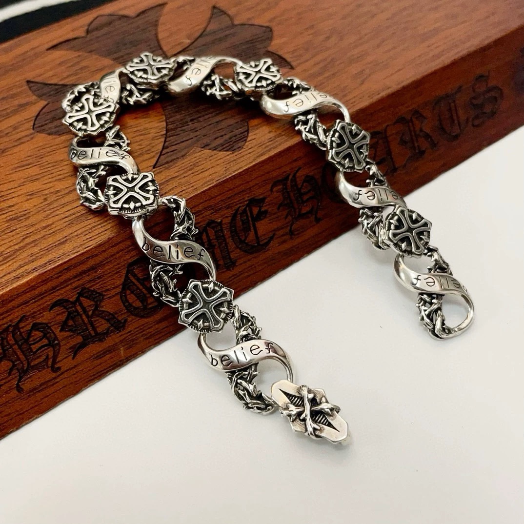 Chrome Hearts Belief Cross Thorn bracelet oxidized sterling silver 20cm