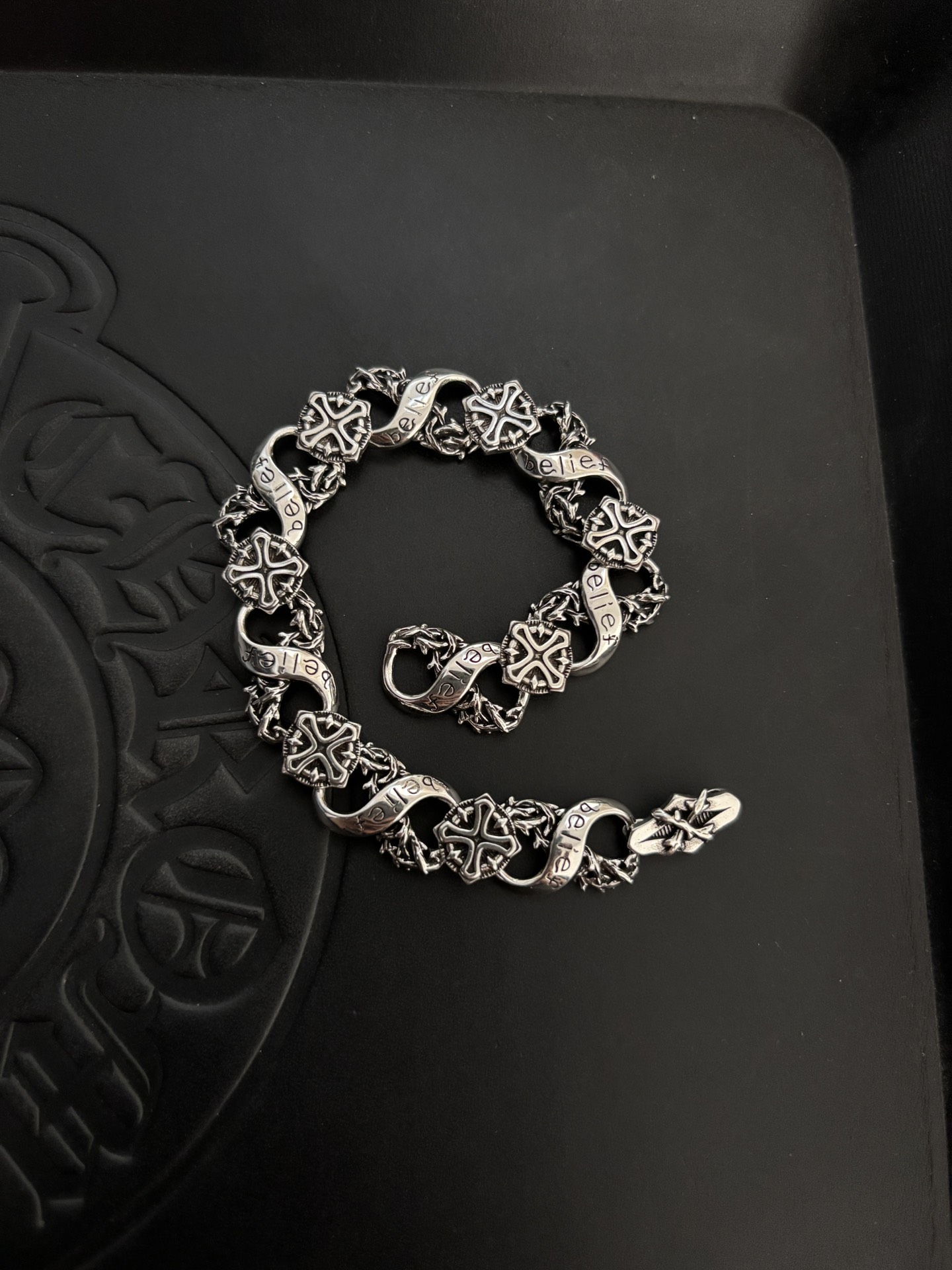 Chrome Hearts Belief Cross Thorn bracelet oxidized sterling silver 20cm