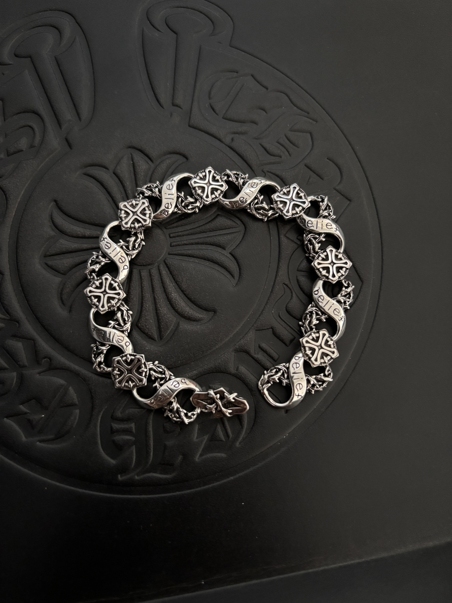 Chrome Hearts Belief Cross Thorn bracelet oxidized sterling silver 20cm