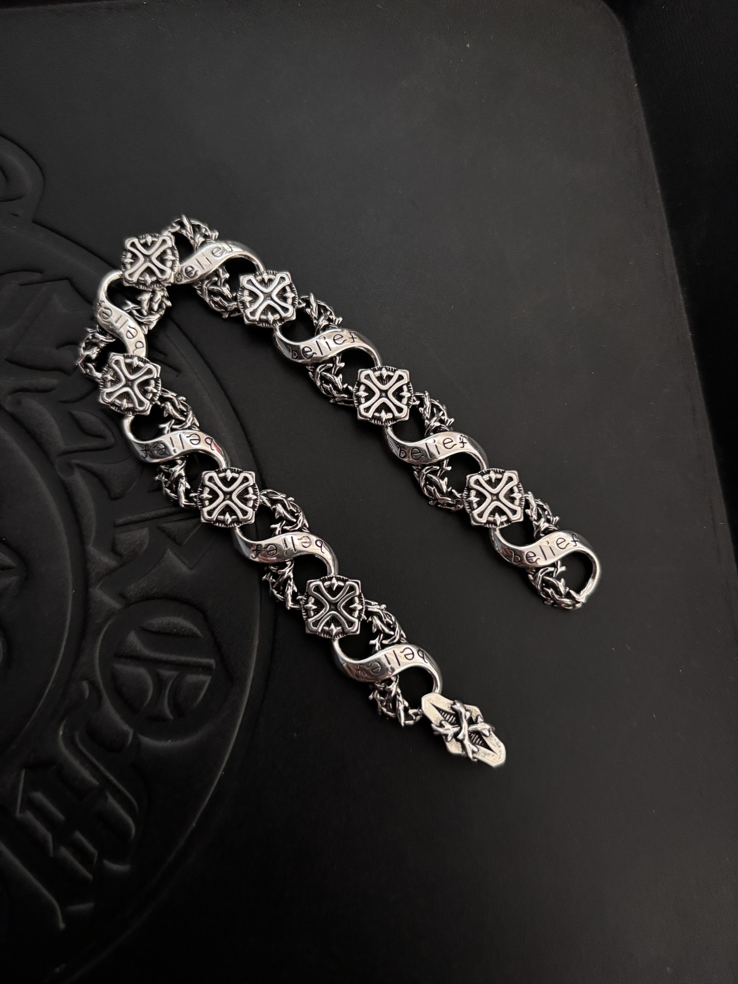 Chrome Hearts Belief Cross Thorn bracelet oxidized sterling silver 20cm