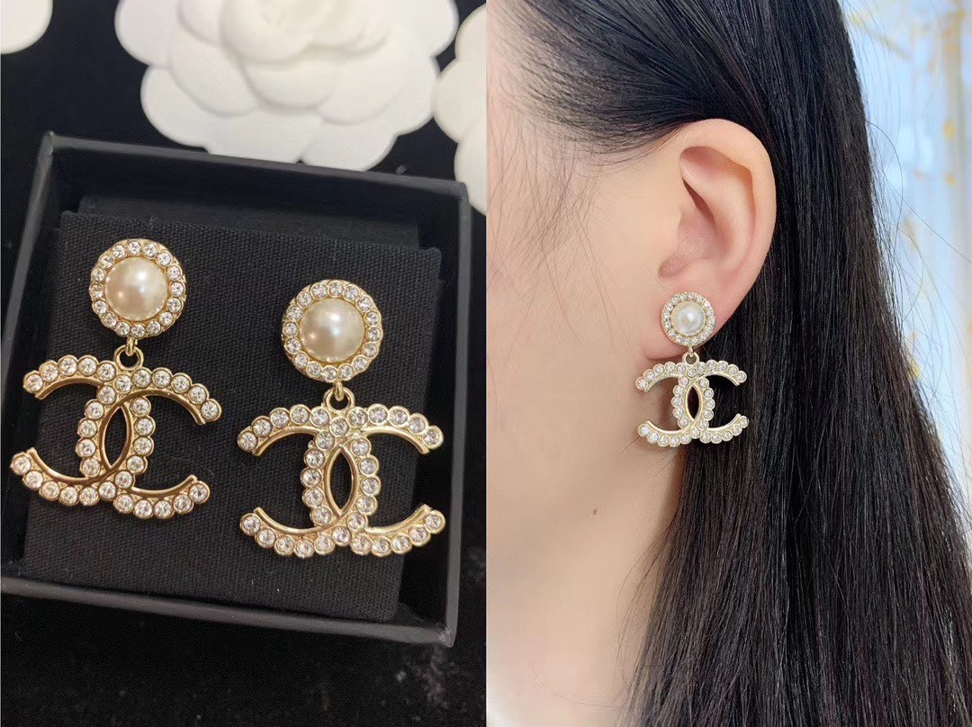 Chanel CC Logo Pearl Crystal Drop Earrings earrings light gold metal white faux pearl clear crystal 2 5cm drop length