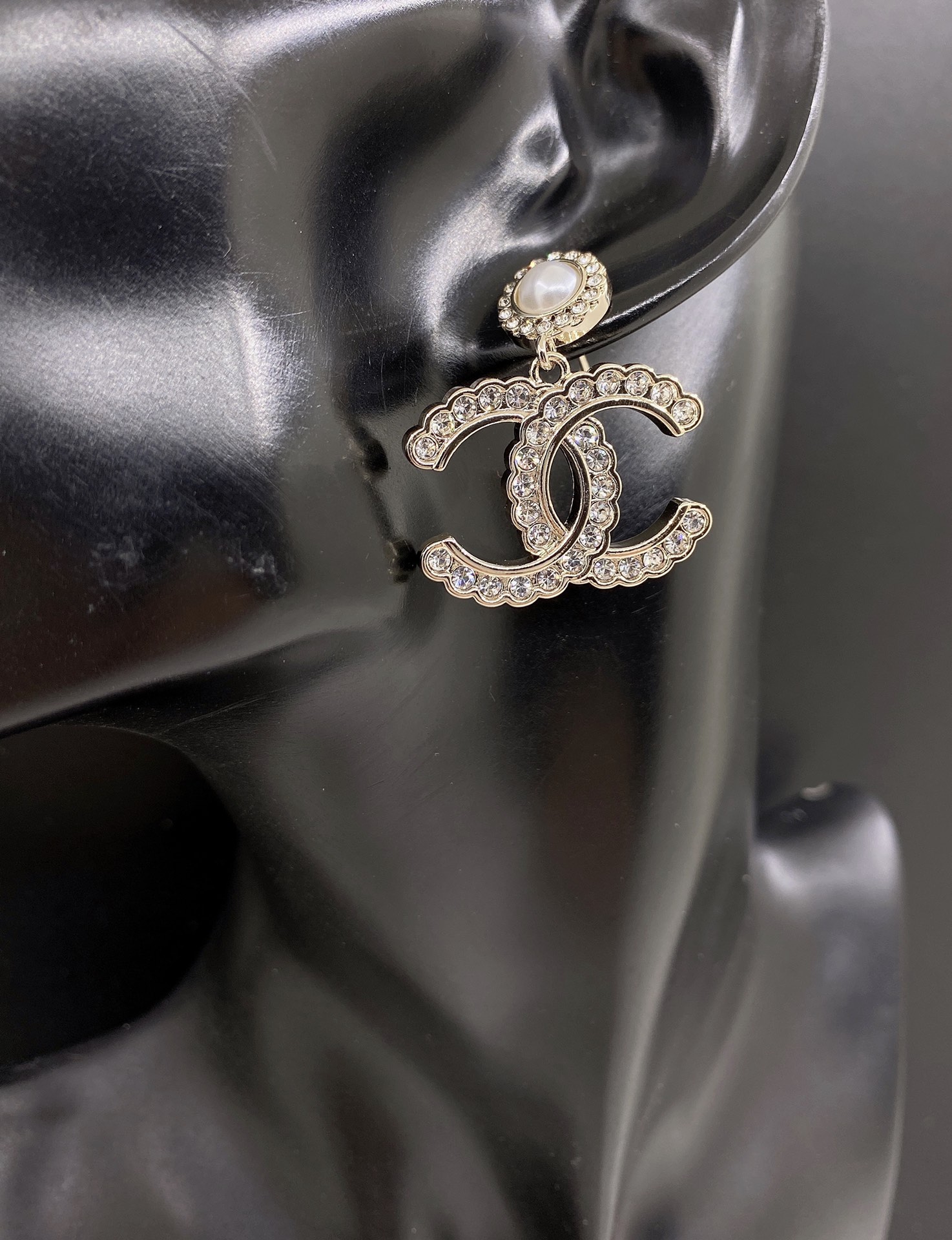Chanel CC Logo Pearl Crystal Drop Earrings earrings light gold metal white faux pearl clear crystal 2 5cm drop length