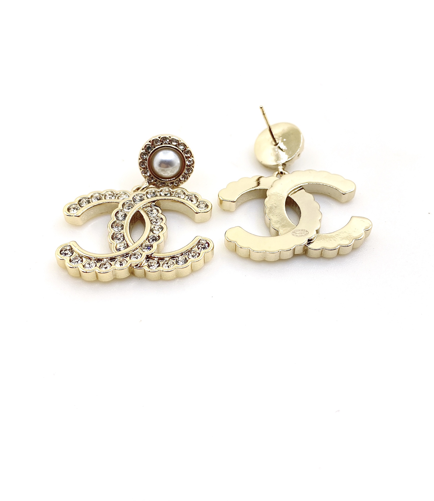 Chanel CC Logo Pearl Crystal Drop Earrings earrings light gold metal white faux pearl clear crystal 2 5cm drop length