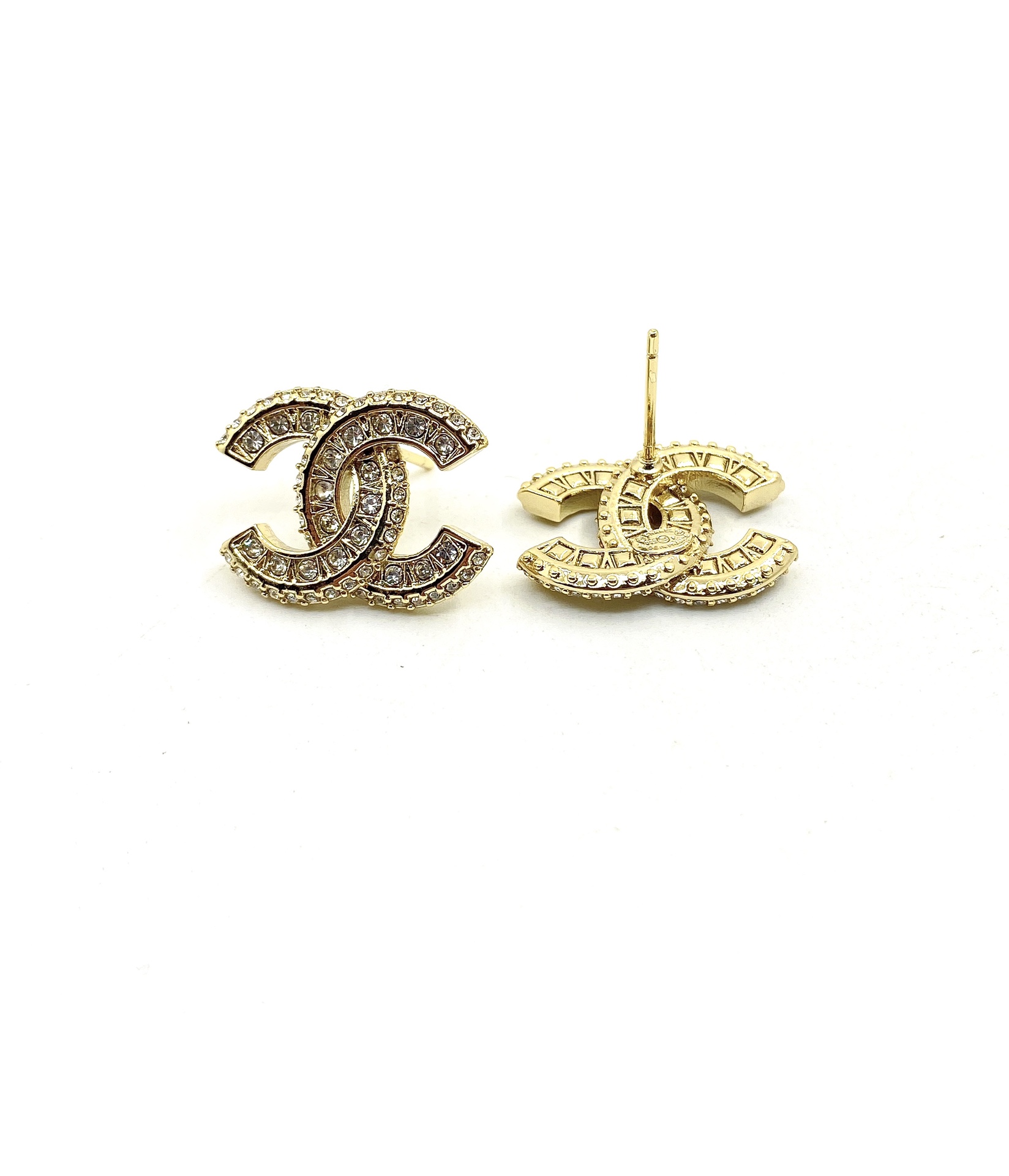 Chanel CC Logo Crystal Stud Earrings earrings gold-tone metal with clear crystal accents 1 5cm diameter