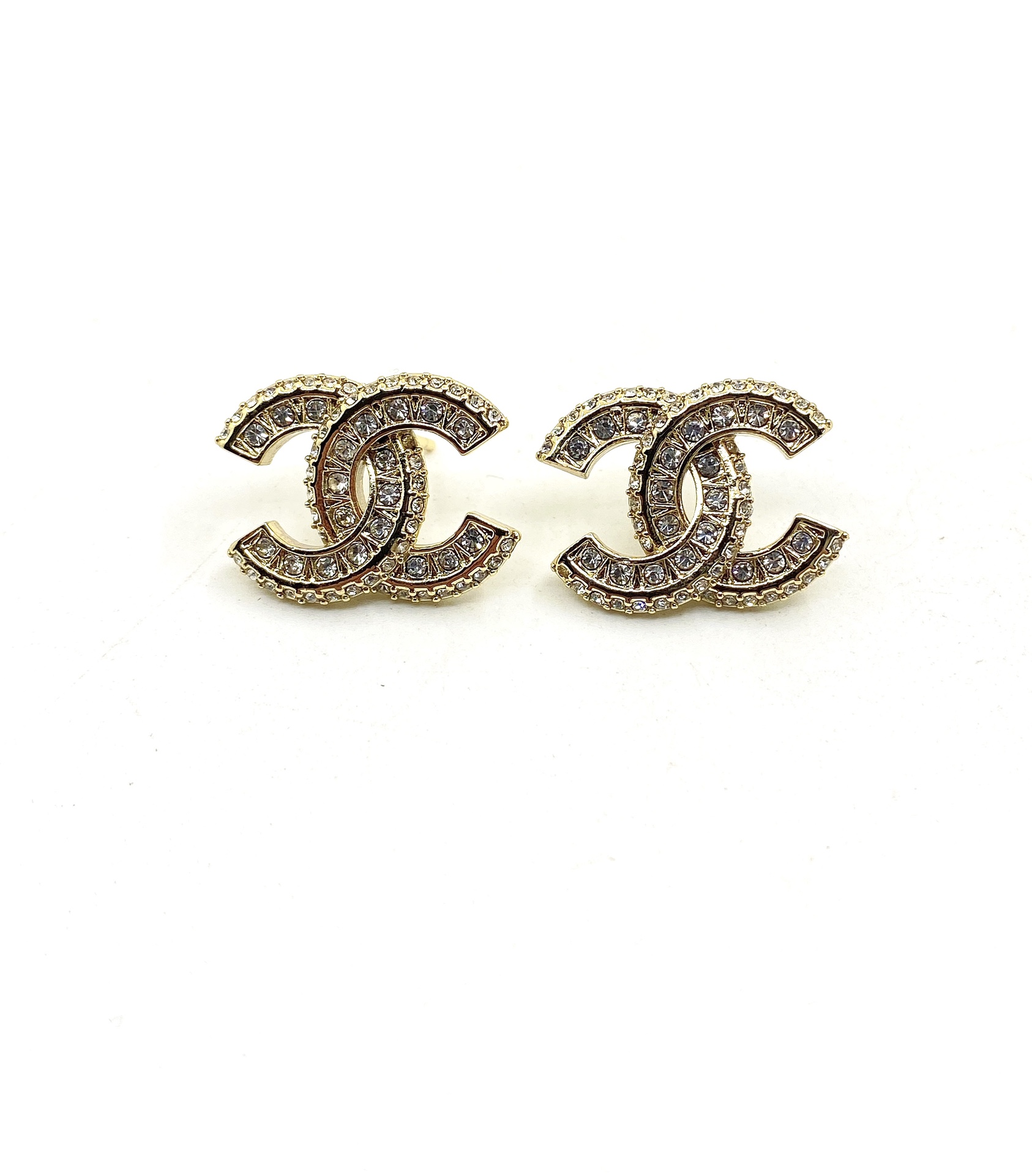 Chanel CC Logo Crystal Stud Earrings earrings gold-tone metal with clear crystal accents 1 5cm diameter
