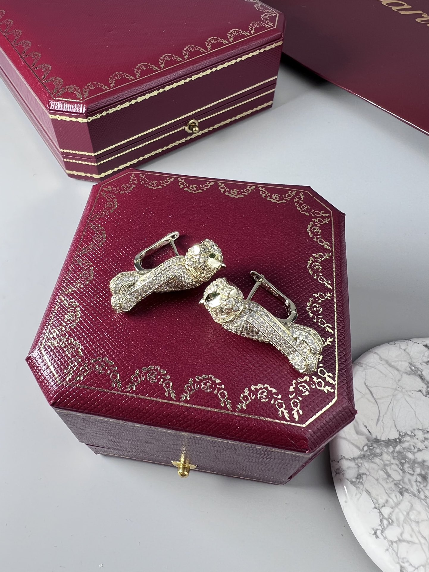 Cartier Panthere de Cartier earrings yellow gold pave diamonds black onyx 2 5cm length