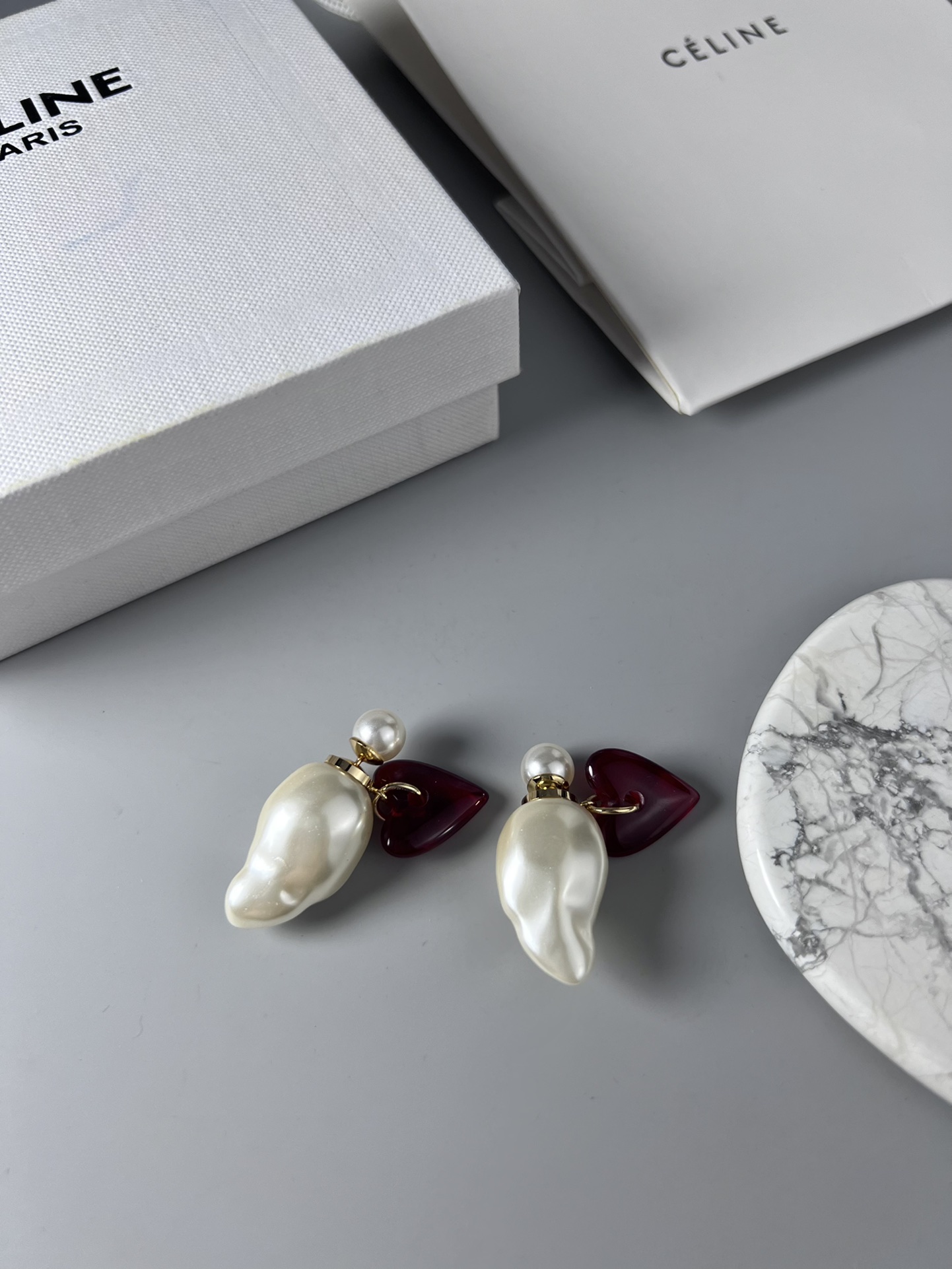 Celine YHED045 Baroque Pearl Heart Drop Earrings earrings gold-tone metal cream white baroque pearl deep red resin heart 4 5cm drop length