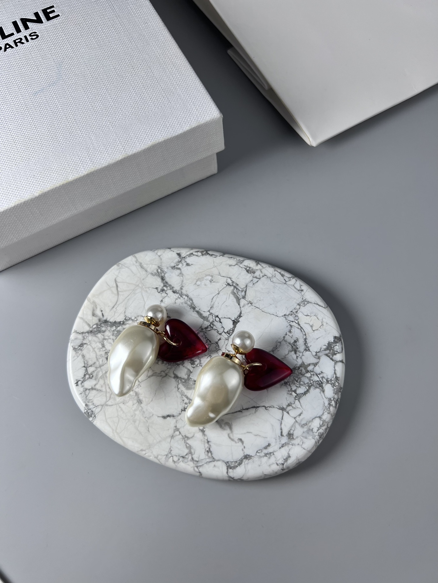 Celine YHED045 Baroque Pearl Heart Drop Earrings earrings gold-tone metal cream white baroque pearl deep red resin heart 4 5cm drop length