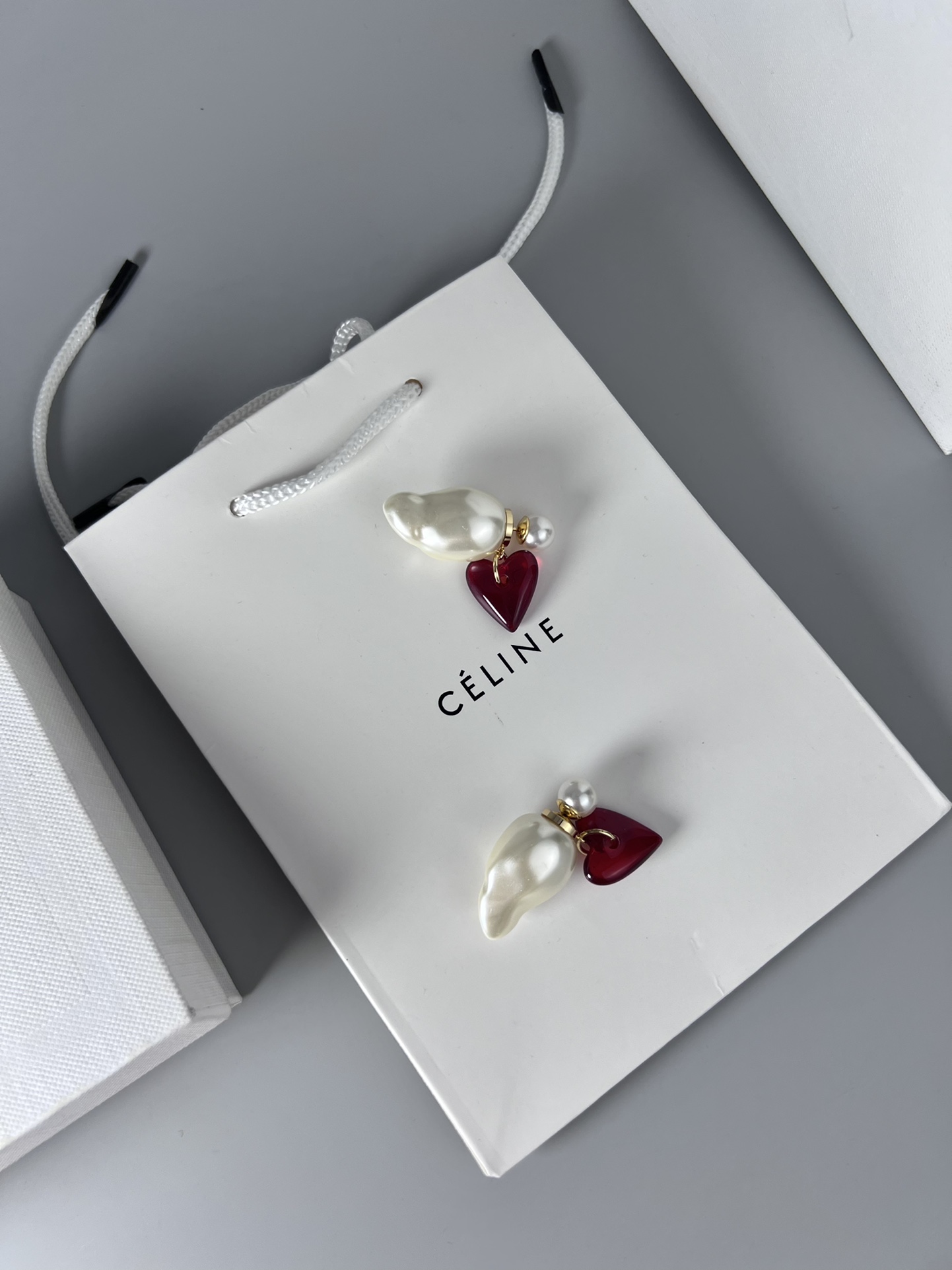 Celine YHED045 Baroque Pearl Heart Drop Earrings earrings gold-tone metal cream white baroque pearl deep red resin heart 4 5cm drop length