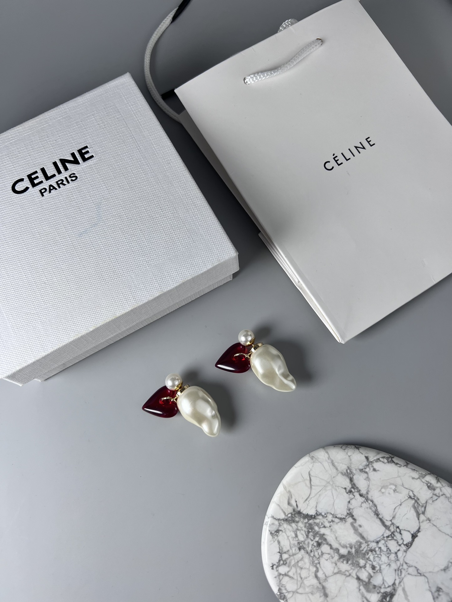 Celine YHED045 Baroque Pearl Heart Drop Earrings earrings gold-tone metal cream white baroque pearl deep red resin heart 4 5cm drop length