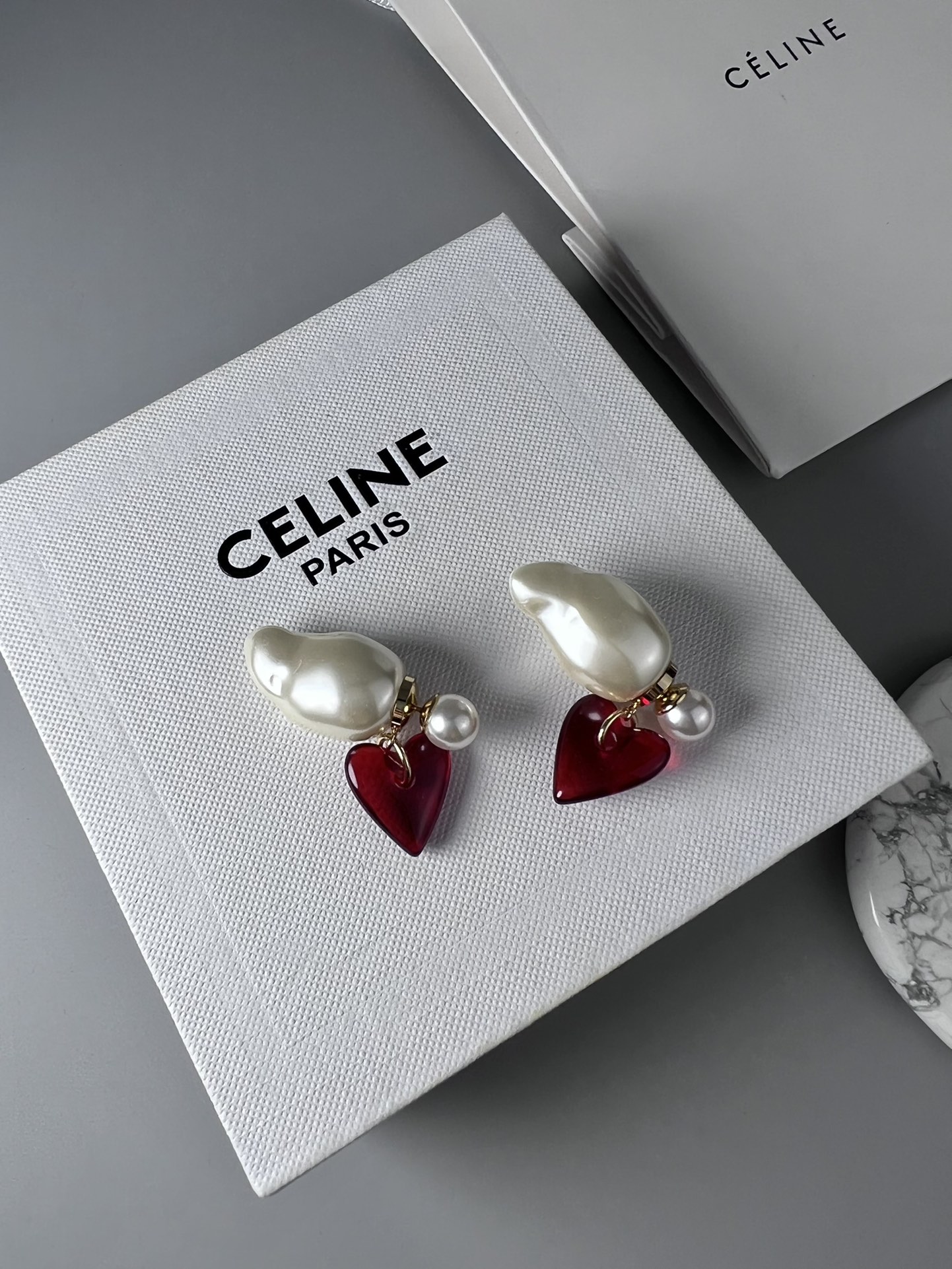 Celine YHED045 Baroque Pearl Heart Drop Earrings earrings gold-tone metal cream white baroque pearl deep red resin heart 4 5cm drop length