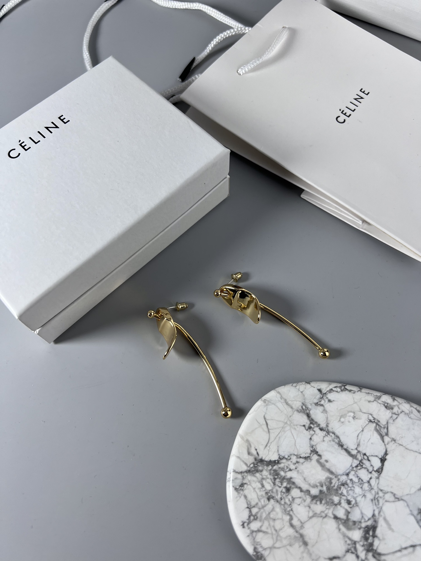 Celine YHED055 earrings gold tone metal no accent stones 6cm drop length
