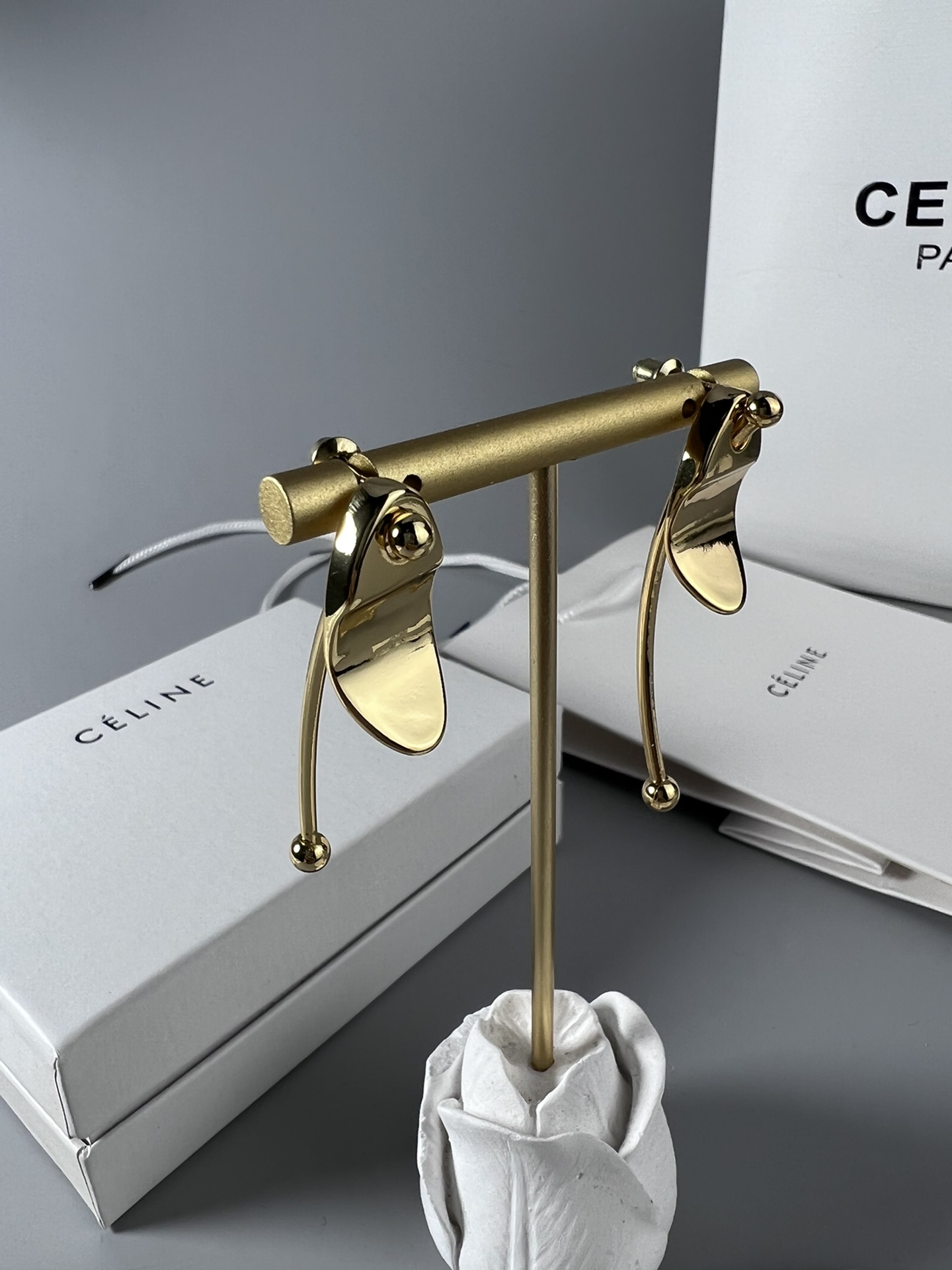 Celine YHED055 earrings gold tone metal no accent stones 6cm drop length