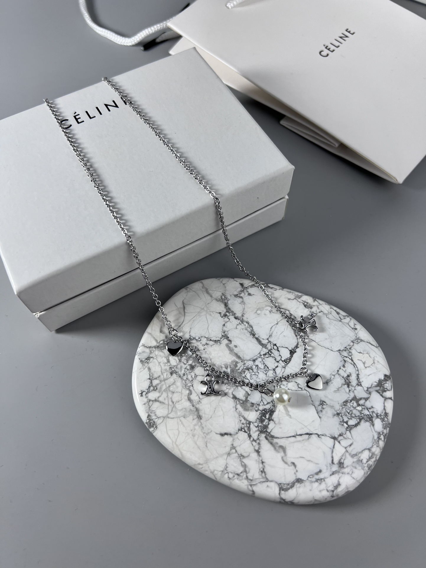 Celine Triomphe Heart Pearl Charm Necklace necklace silver-toned metal with white pearl accents 40cm