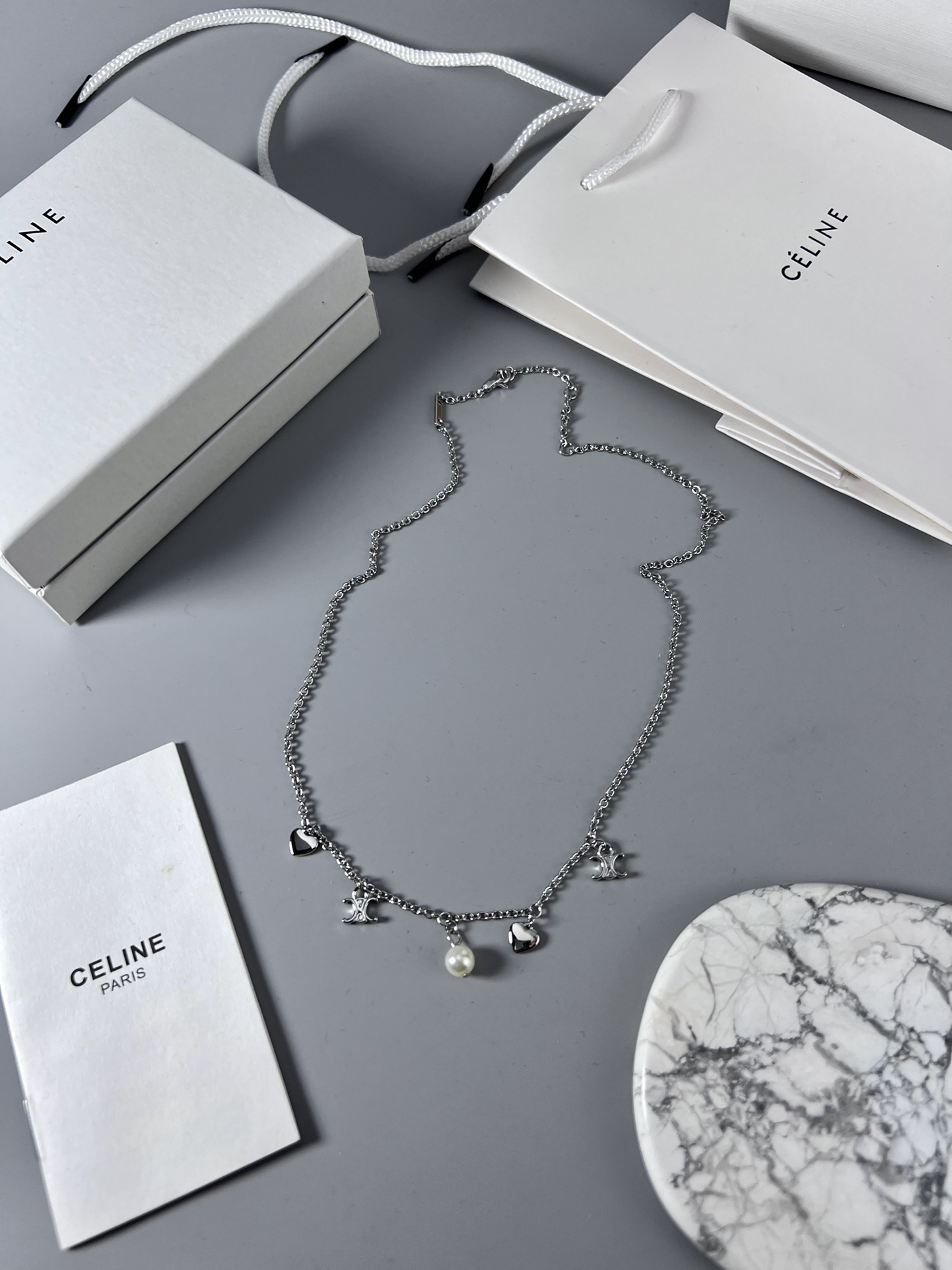 Celine Triomphe Heart Pearl Charm Necklace necklace silver-toned metal with white pearl accents 40cm