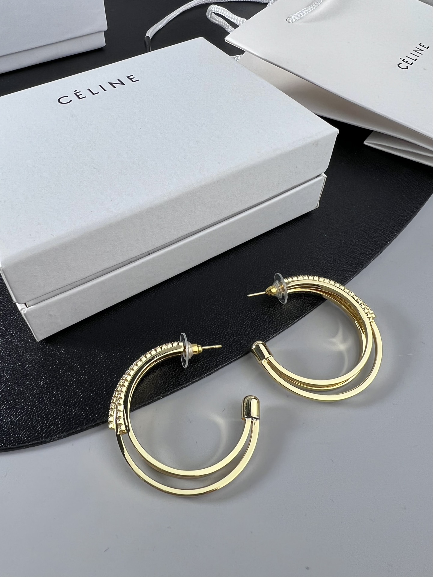 Celine YHED055 Triple Hoop Crystal Earrings earrings gold-tone metal with clear crystal accents 4 5cm hoop diameter