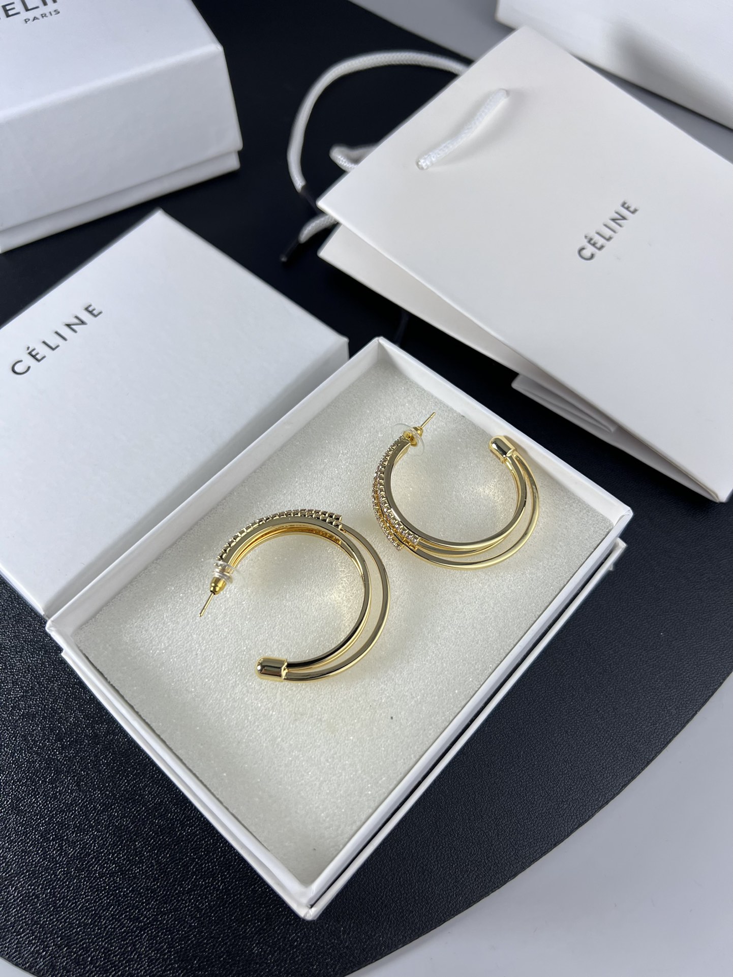 Celine YHED055 Triple Hoop Crystal Earrings earrings gold-tone metal with clear crystal accents 4 5cm hoop diameter