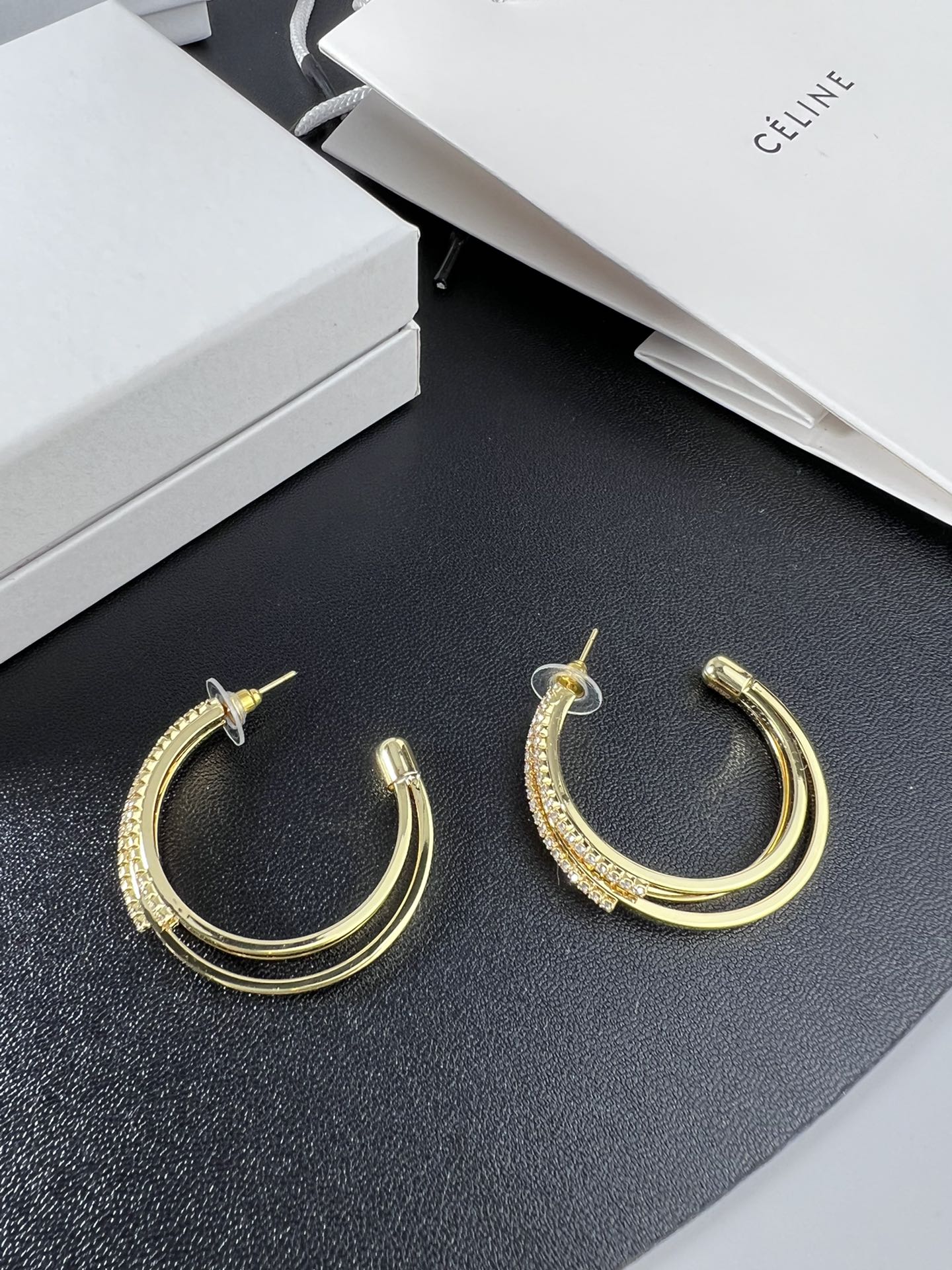 Celine YHED055 Triple Hoop Crystal Earrings earrings gold-tone metal with clear crystal accents 4 5cm hoop diameter