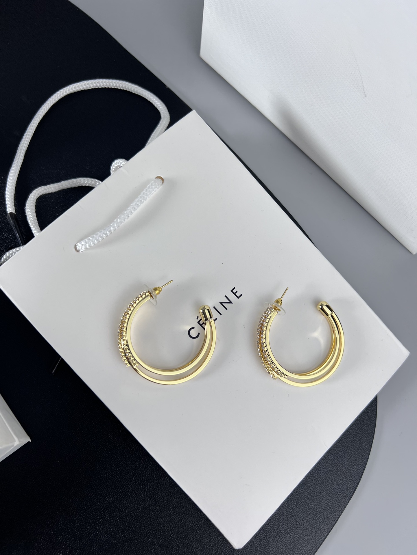 Celine YHED055 Triple Hoop Crystal Earrings earrings gold-tone metal with clear crystal accents 4 5cm hoop diameter