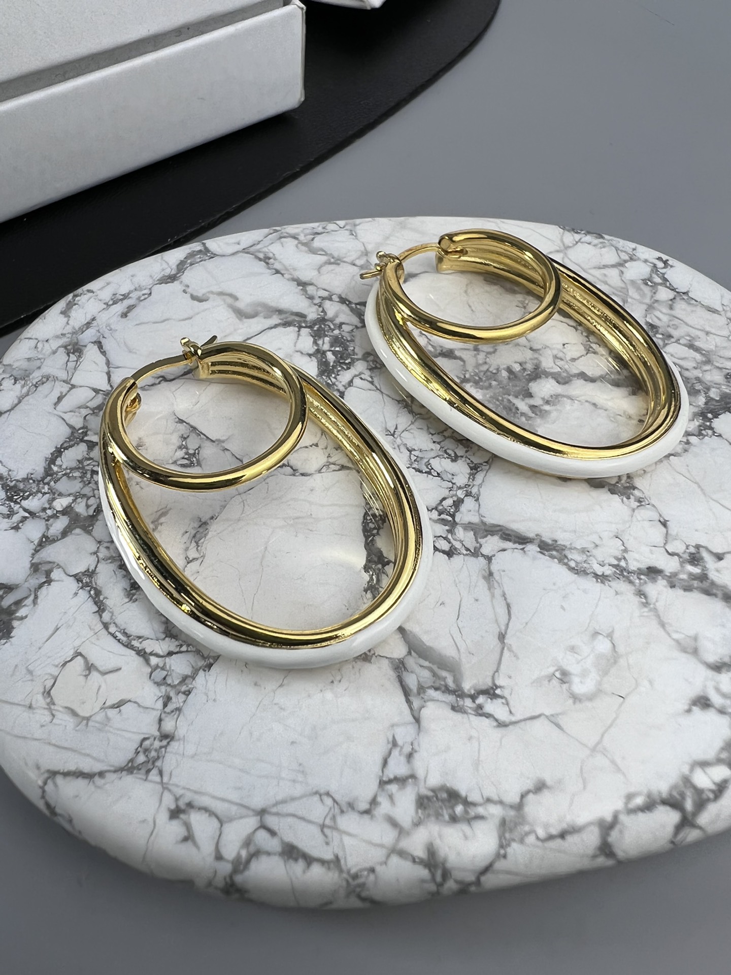 Celine Double Oval Hoop earrings gold-tone metal with white enamel trim 4 5cm drop length