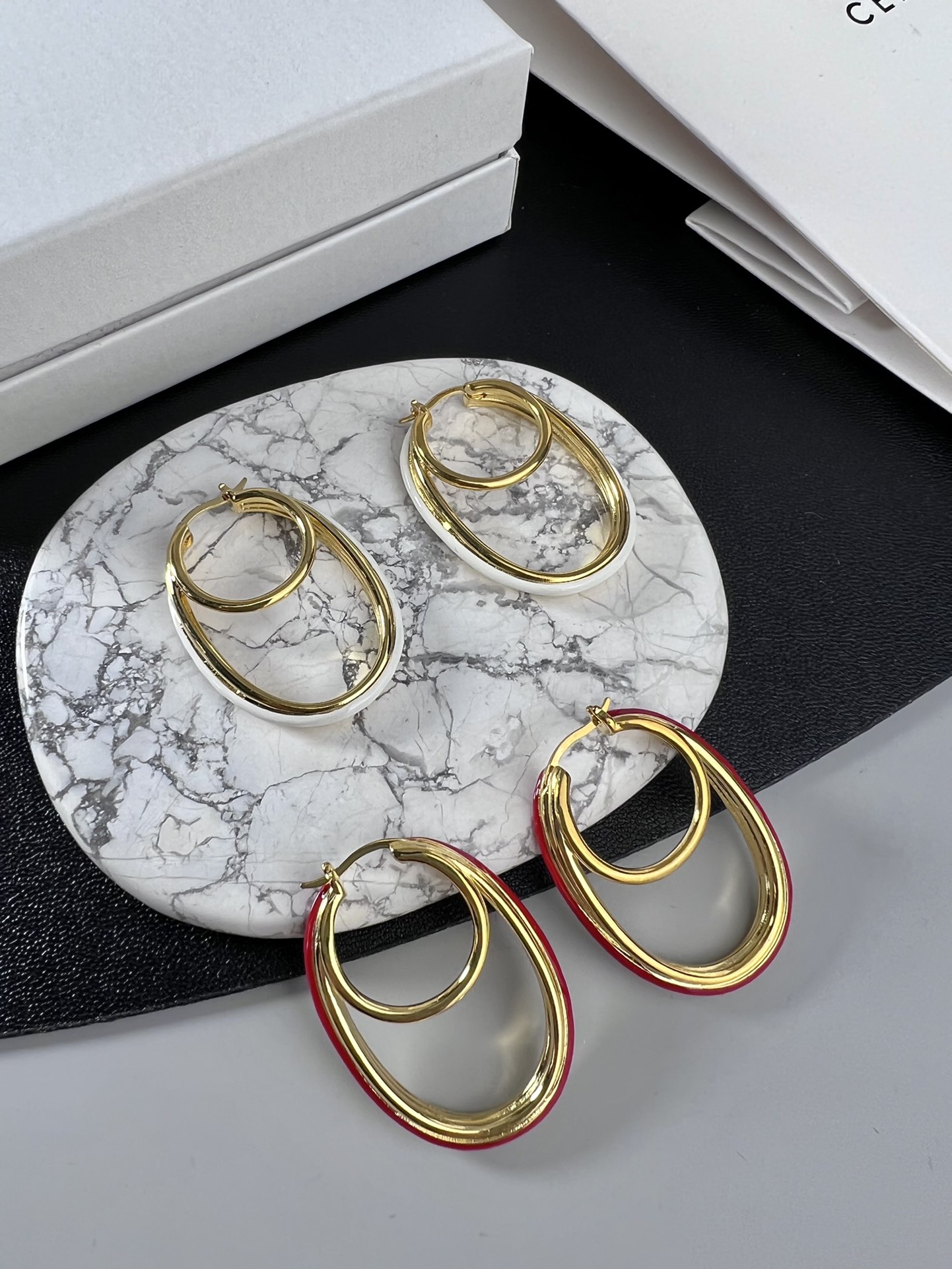 Celine Double Oval Hoop earrings gold-tone metal with white enamel trim 4 5cm drop length