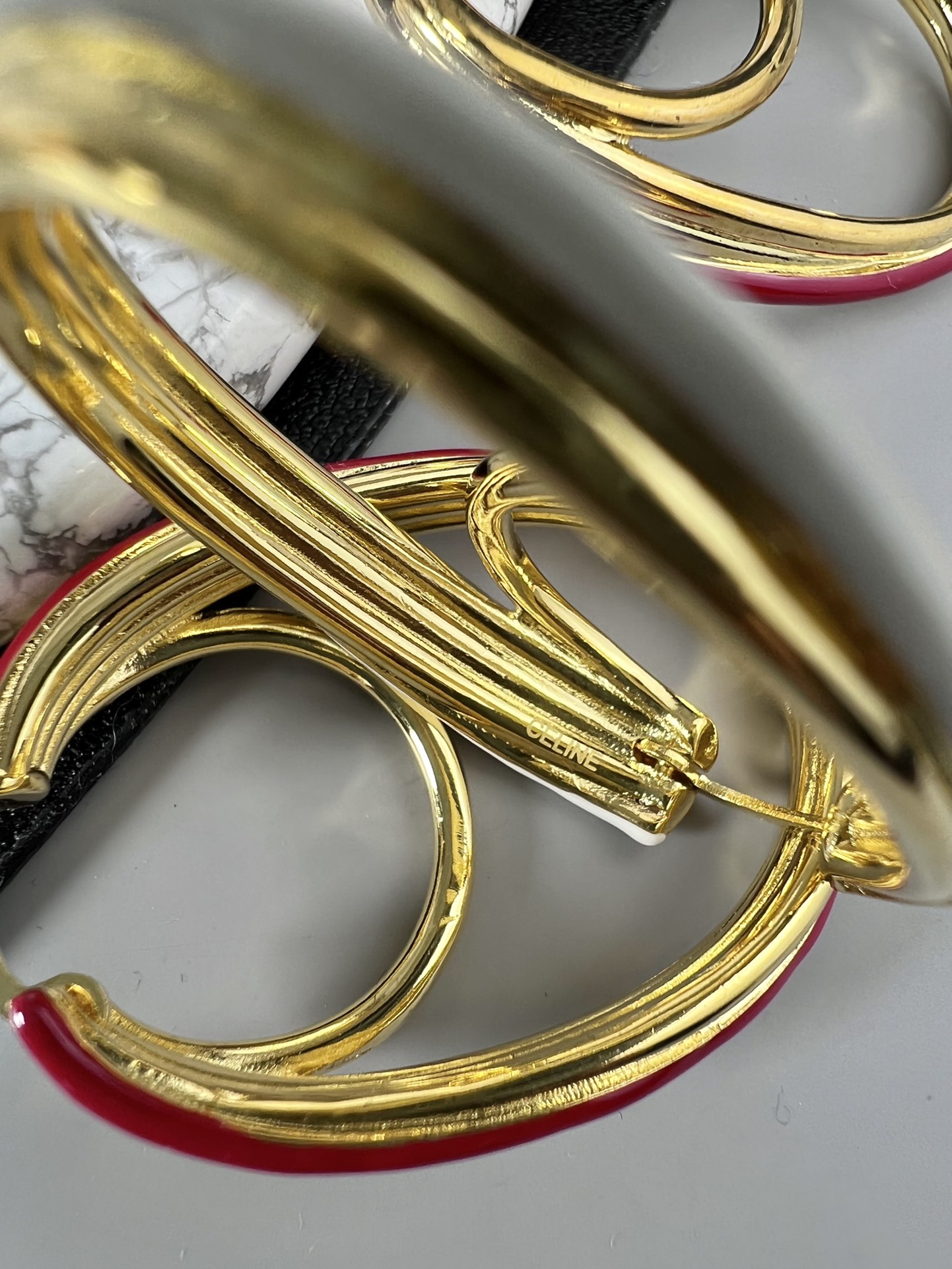 Celine Double Oval Hoop earrings gold-tone metal with white enamel trim 4 5cm drop length