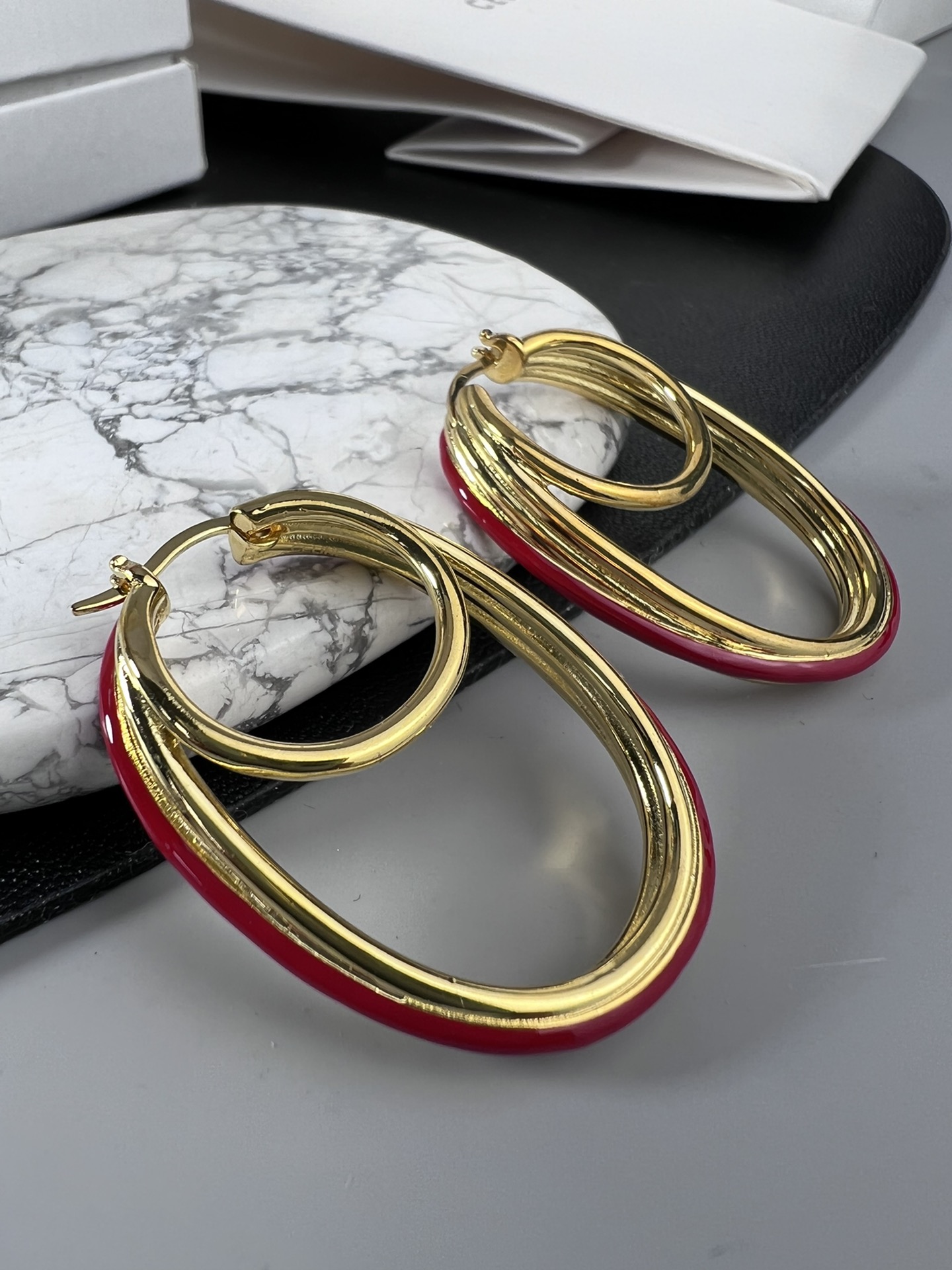Celine Double Oval Hoop earrings gold-tone metal with white enamel trim 4 5cm drop length