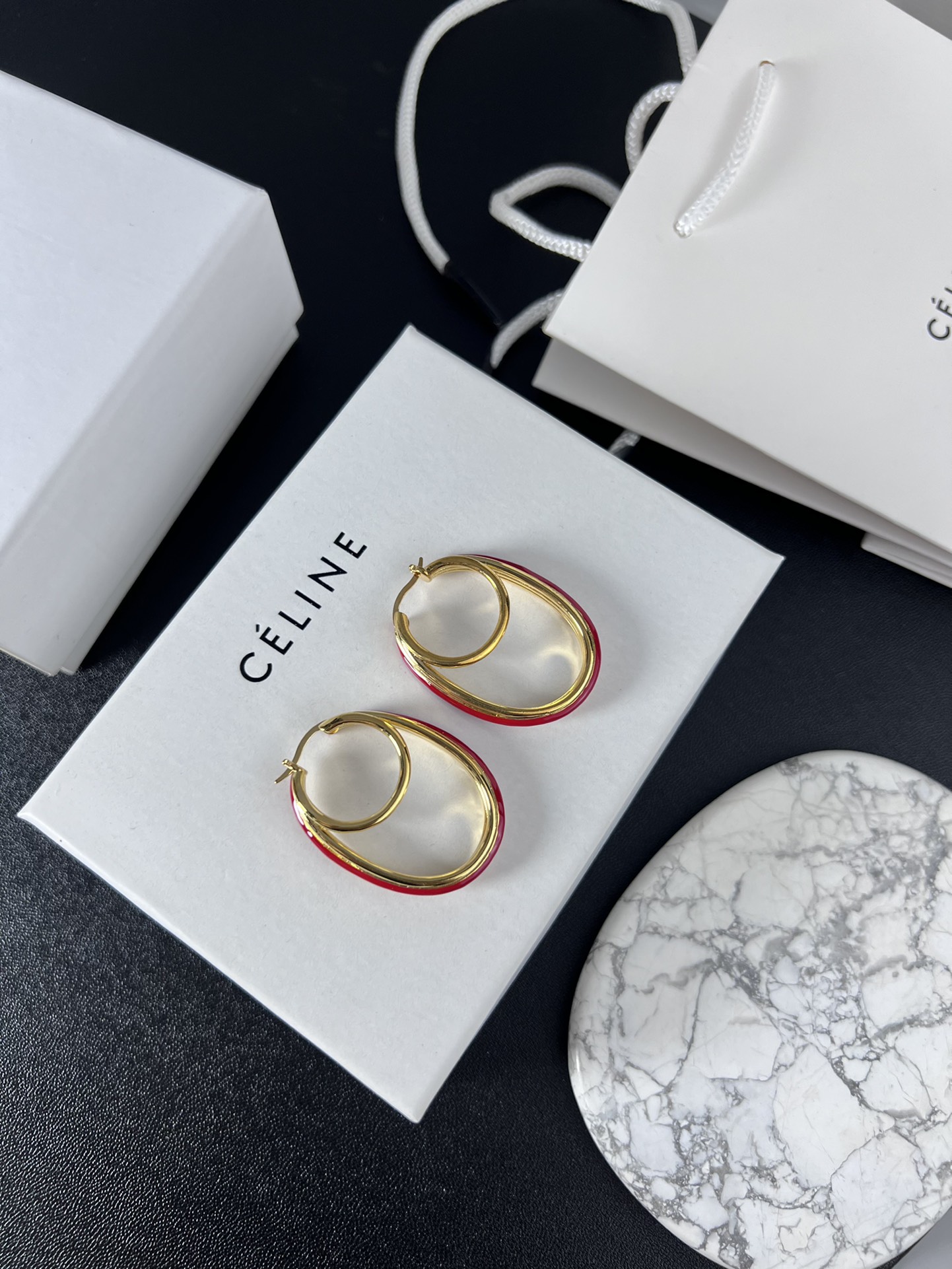 Celine Double Oval Hoop earrings gold-tone metal with white enamel trim 4 5cm drop length