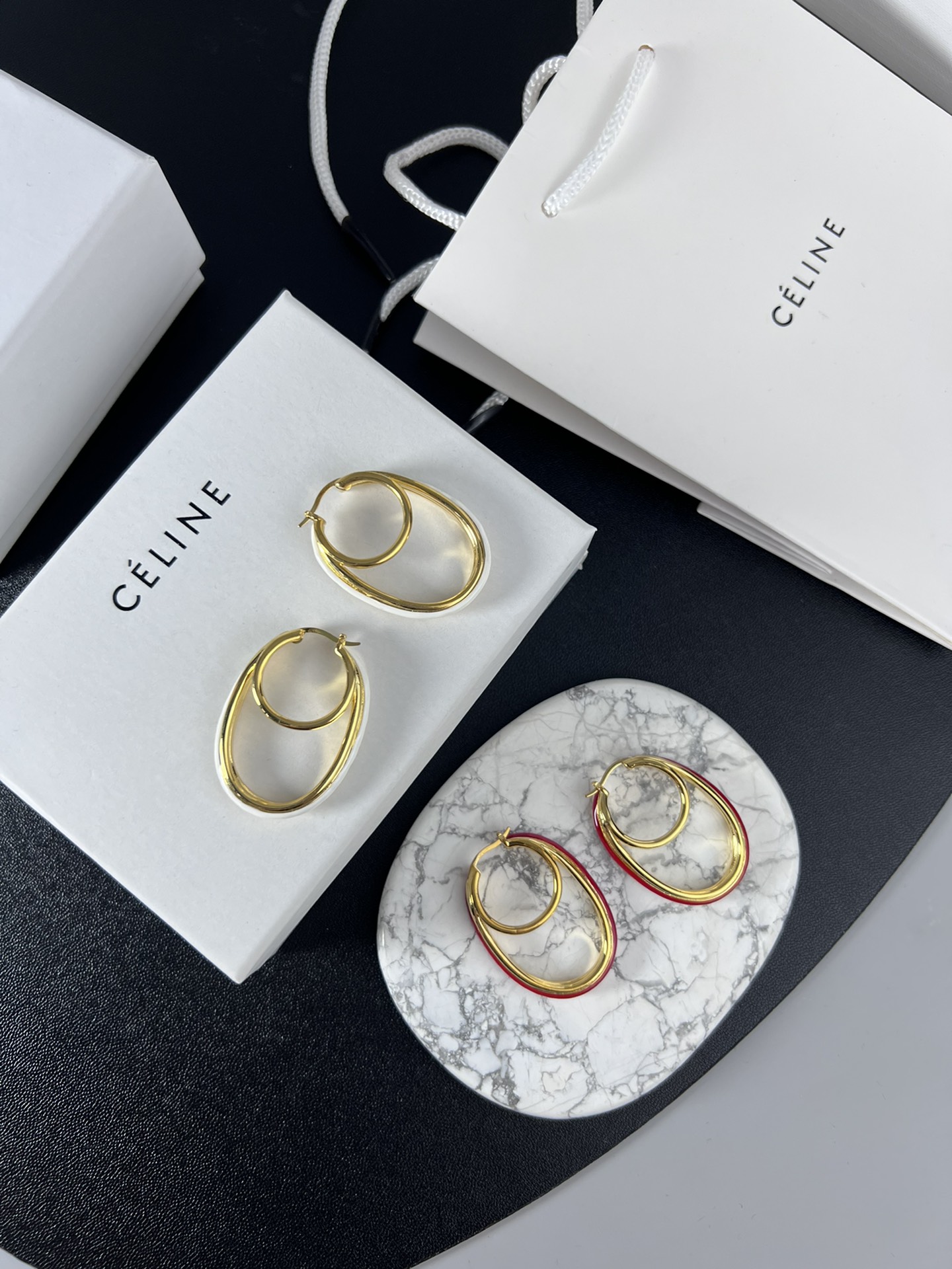Celine Double Oval Hoop earrings gold-tone metal with white enamel trim 4 5cm drop length