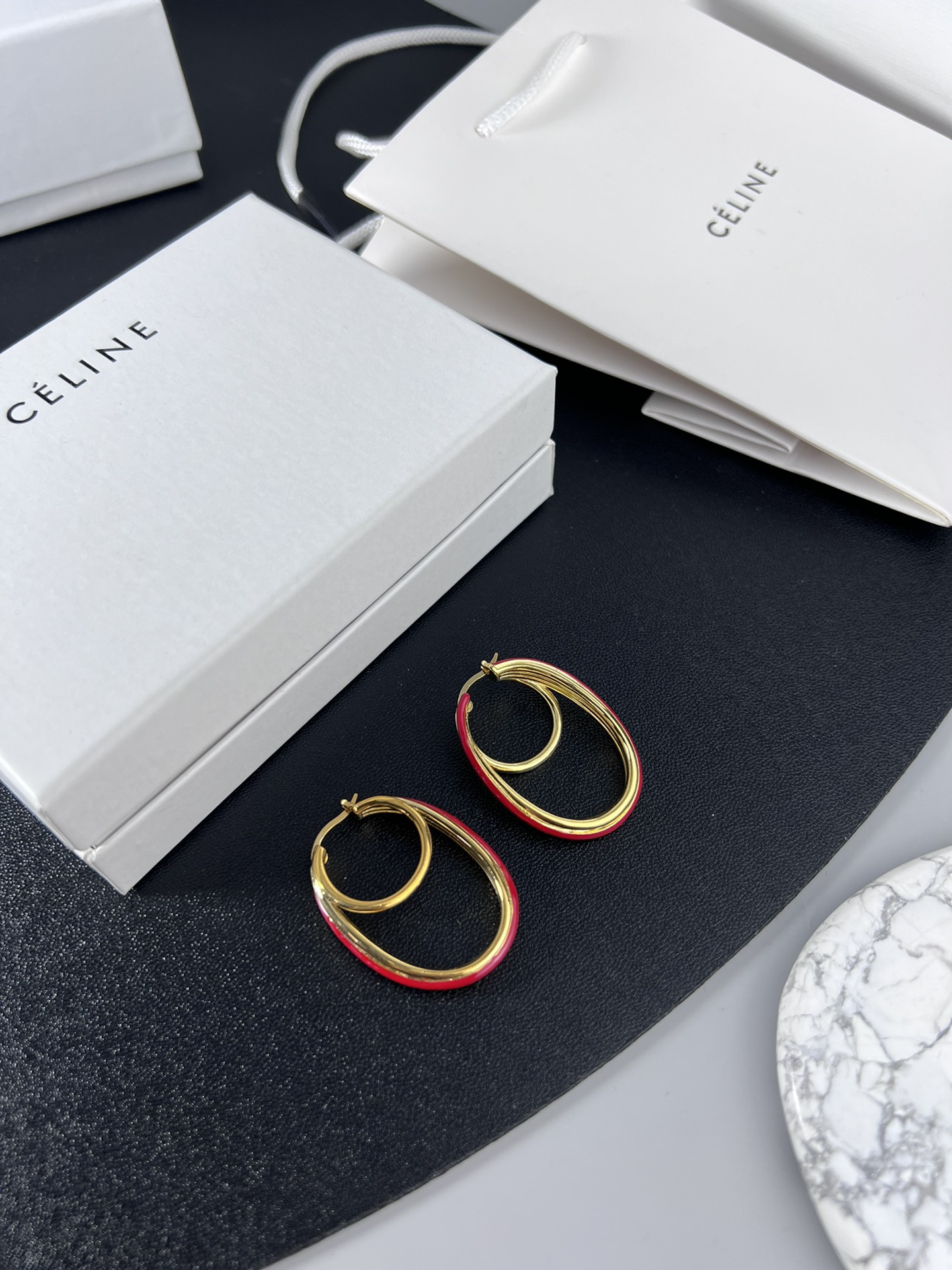 Celine Double Oval Hoop earrings gold-tone metal with white enamel trim 4 5cm drop length