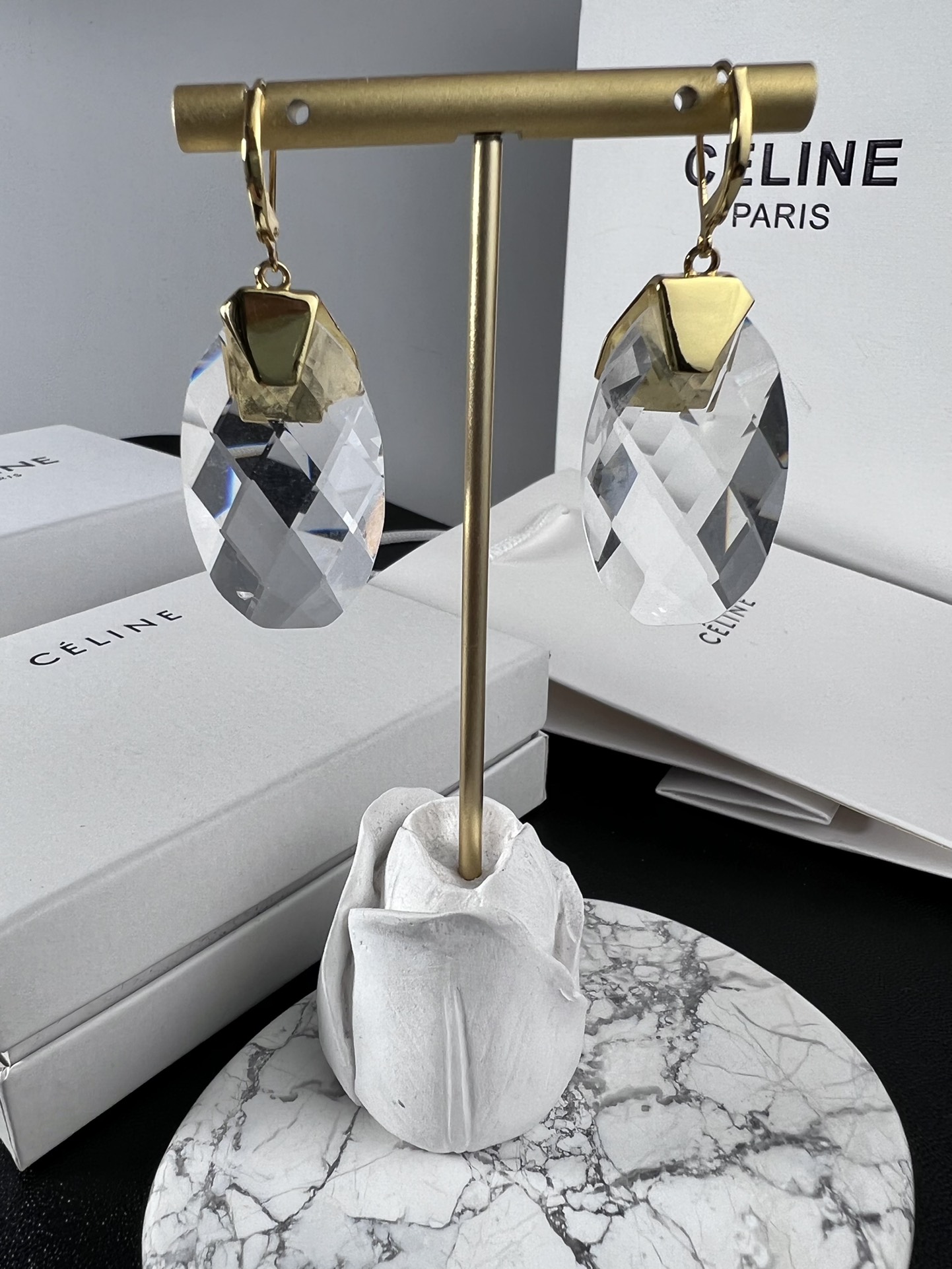 Celine YHED055 Faceted Crystal Drop Earrings earrings gold-tone metal clear faceted crystal 5cm drop length
