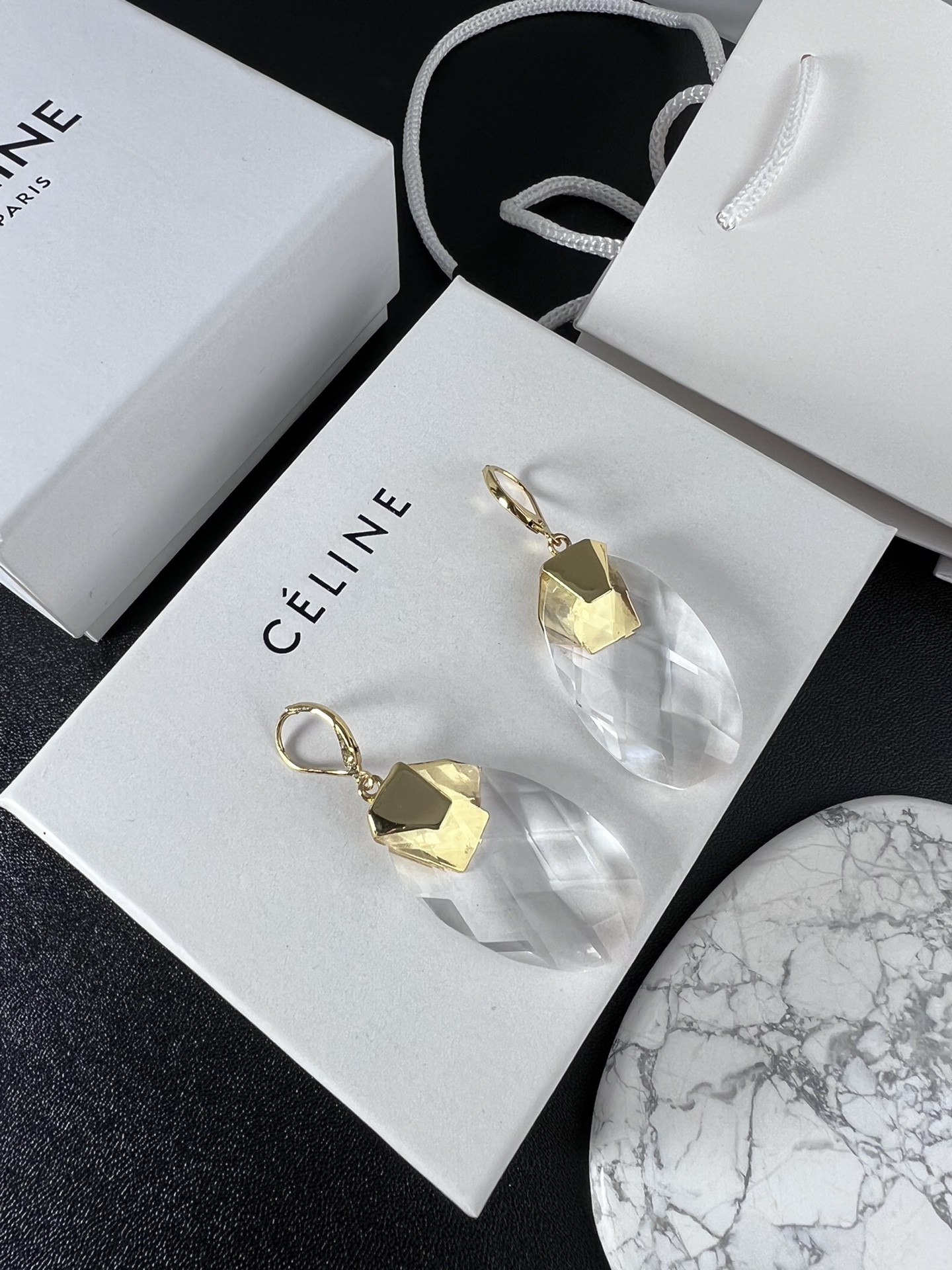 Celine YHED055 Faceted Crystal Drop Earrings earrings gold-tone metal clear faceted crystal 5cm drop length