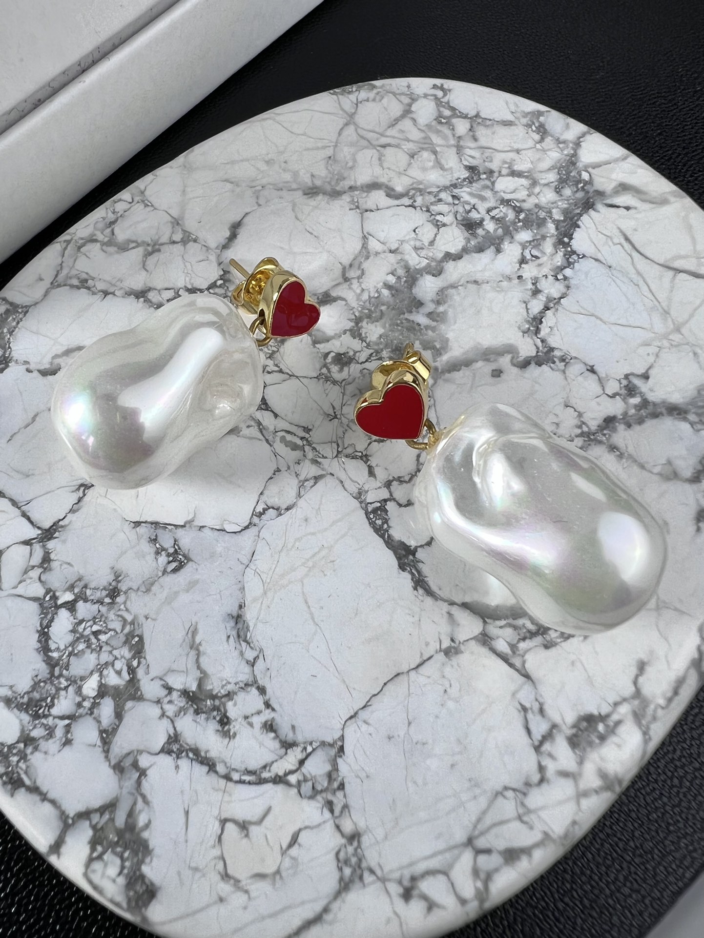 Celine YHED045 Heart Baroque Pearl Drop Earrings earrings gold-tone metal red enamel heart iridescent white baroque pearl 3 2cm drop length