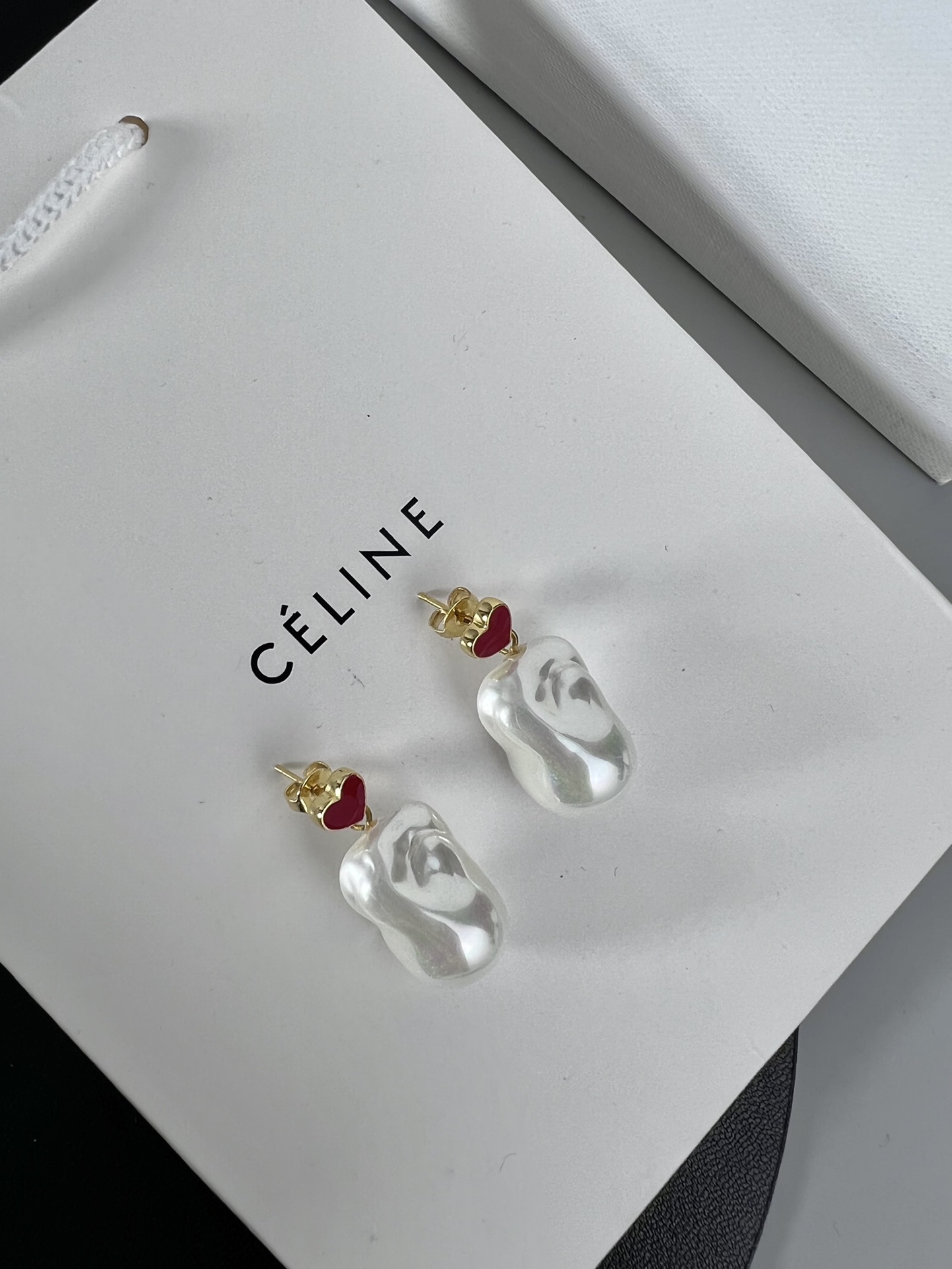 Celine YHED045 Heart Baroque Pearl Drop Earrings earrings gold-tone metal red enamel heart iridescent white baroque pearl 3 2cm drop length