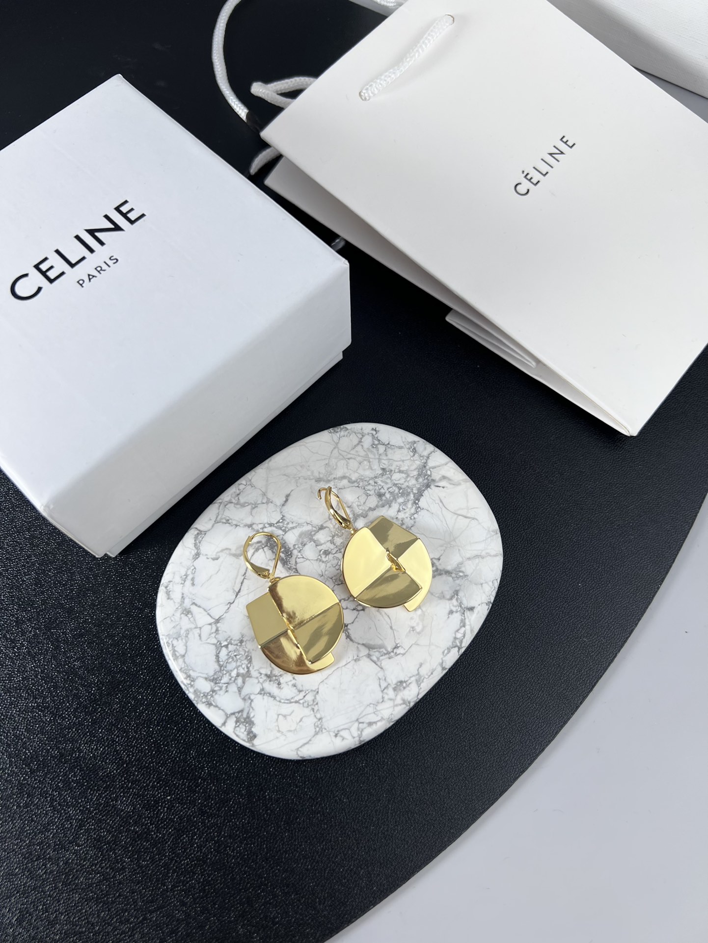 Celine YHED050 Geometric Folded Disc Drop Earrings earrings polished gold-tone metal no accent stones 3 5cm drop length