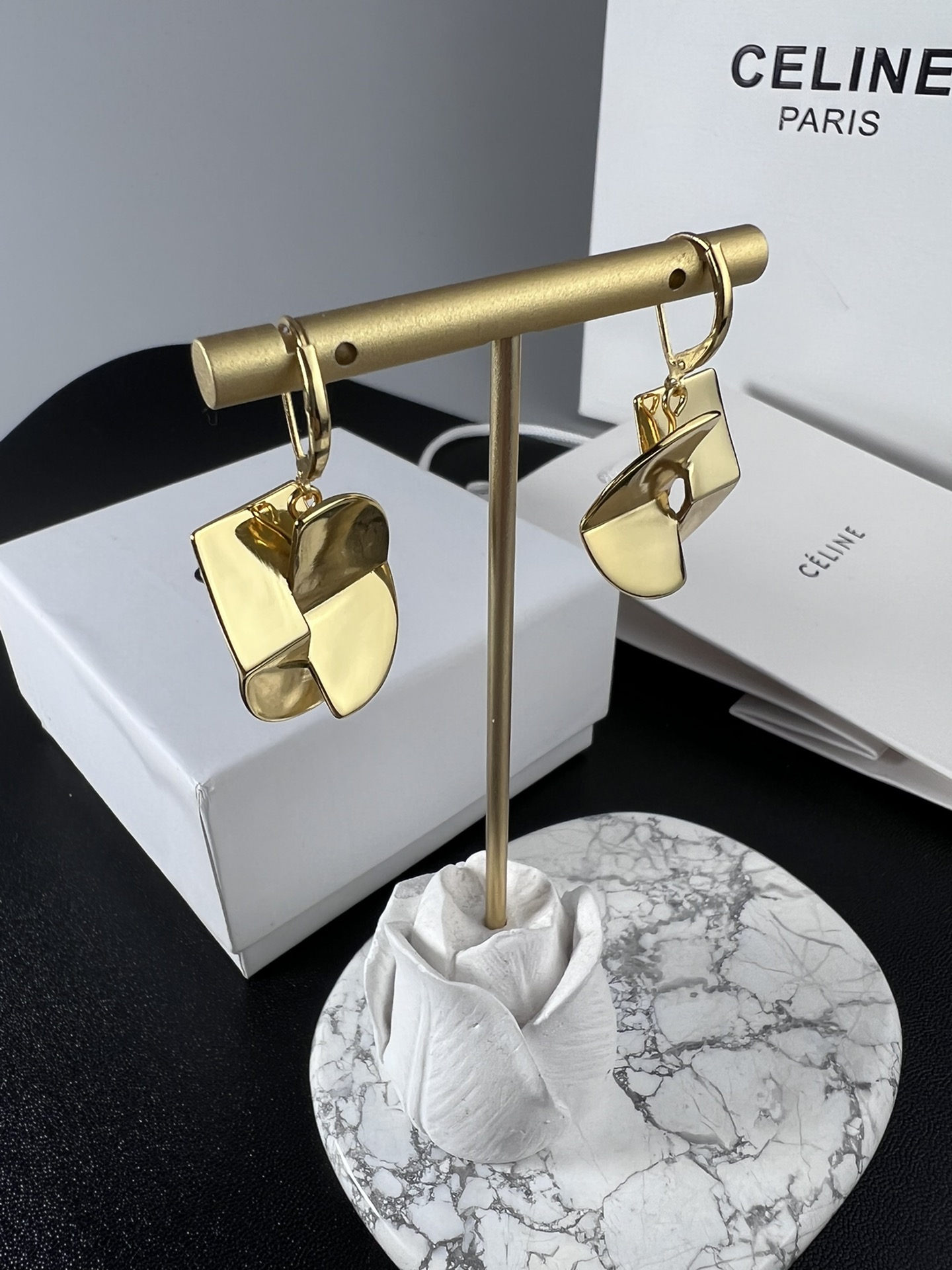 Celine YHED050 Geometric Folded Disc Drop Earrings earrings polished gold-tone metal no accent stones 3 5cm drop length
