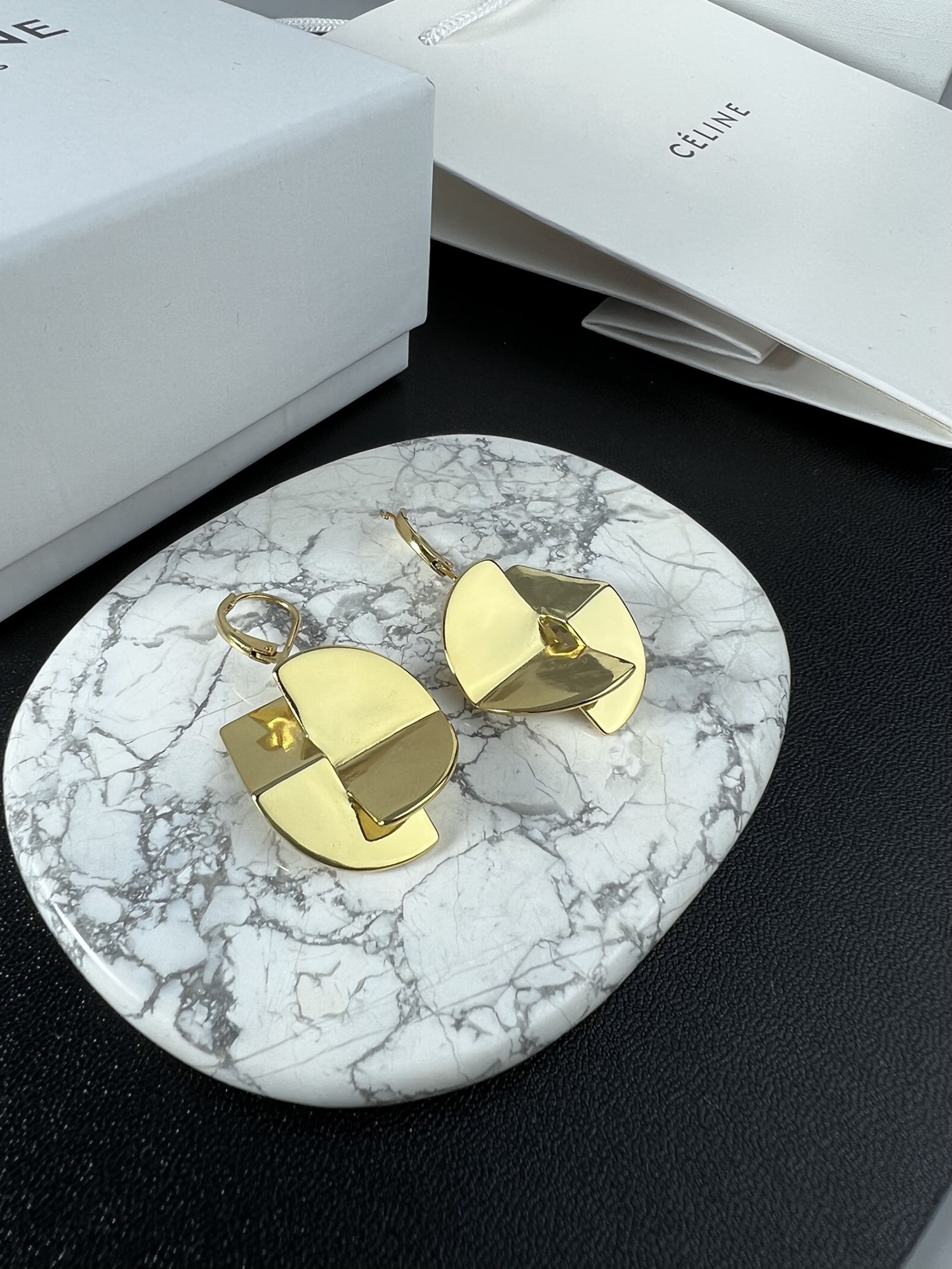 Celine YHED050 Geometric Folded Disc Drop Earrings earrings polished gold-tone metal no accent stones 3 5cm drop length