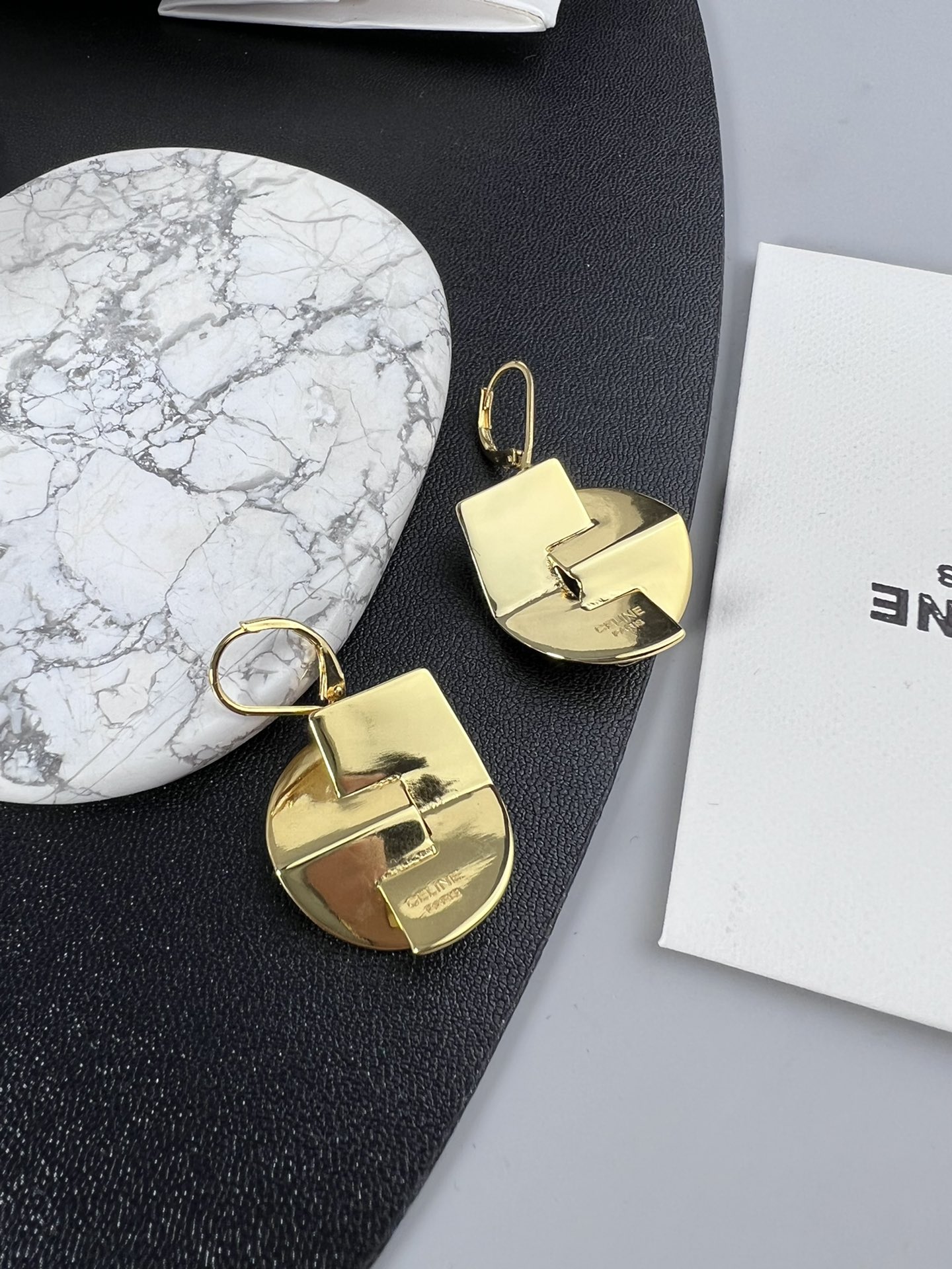 Celine YHED050 Geometric Folded Disc Drop Earrings earrings polished gold-tone metal no accent stones 3 5cm drop length