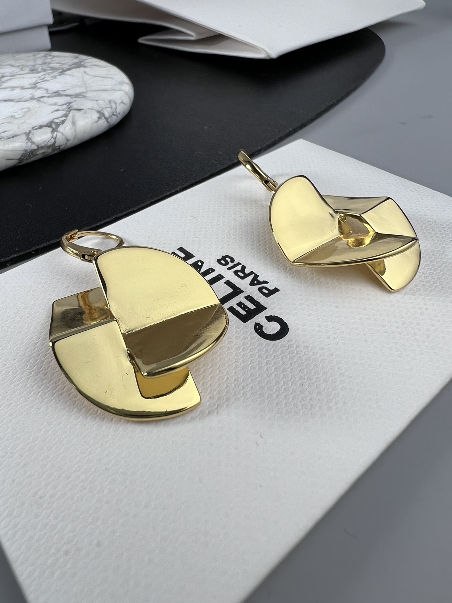 Celine YHED050 Geometric Folded Disc Drop Earrings earrings polished gold-tone metal no accent stones 3 5cm drop length