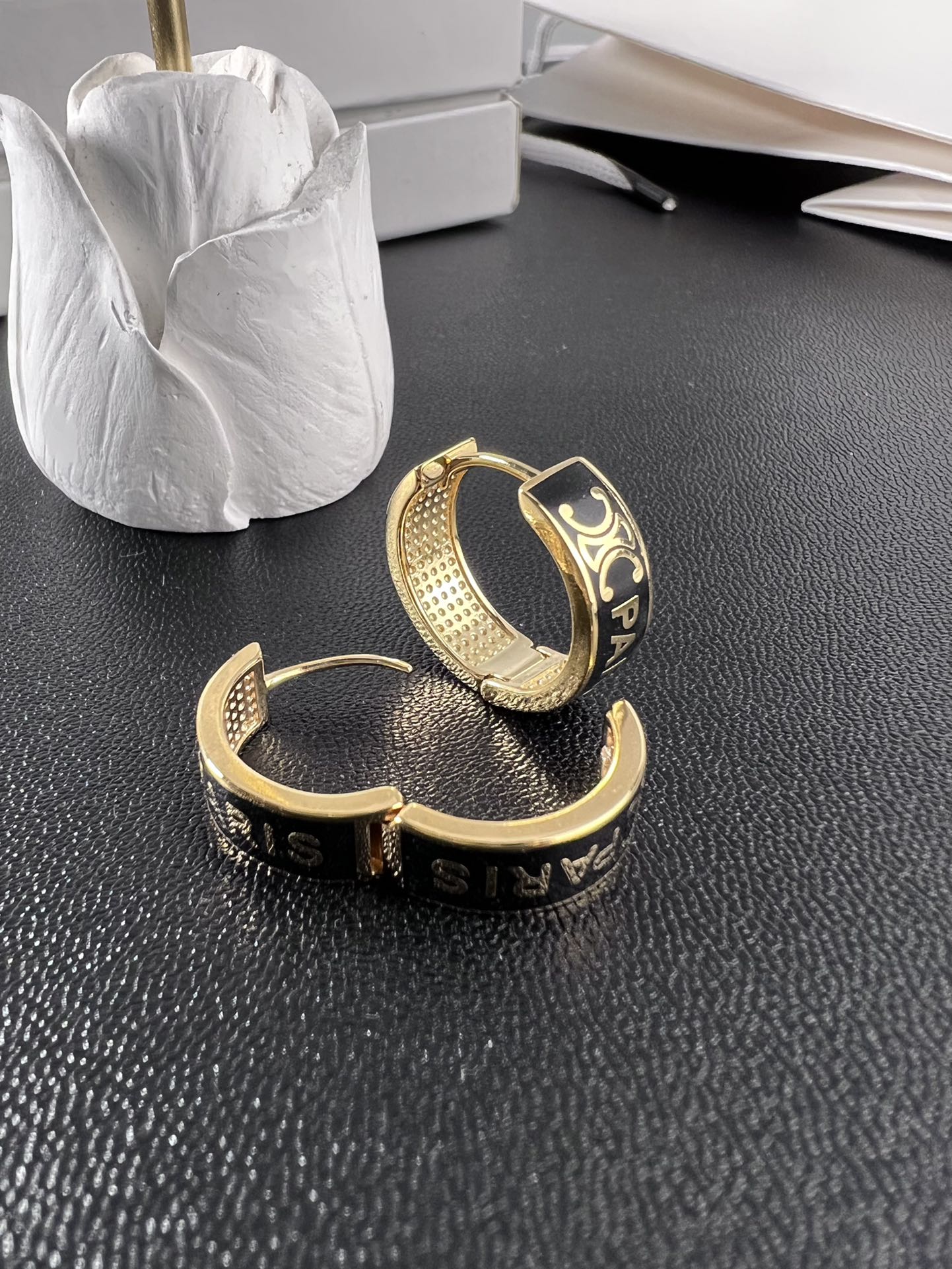 Celine Triomphe Paris Enamel Hoop earrings gold-tone metal with black enamel 20mm outer diameter